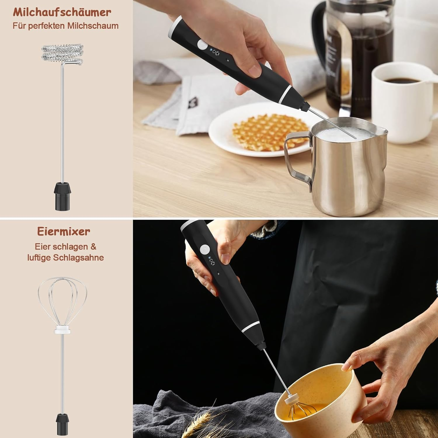 Milk Frother Handheld, FITNATE Rechargeable Electric Foam Maker Drink Mixer 3 Speeds with 2 Stainless Steel Whisks, Frother for Coffee, Hot Chocolate, Latte, Cappuccino,Includes Frother Cup image number 3