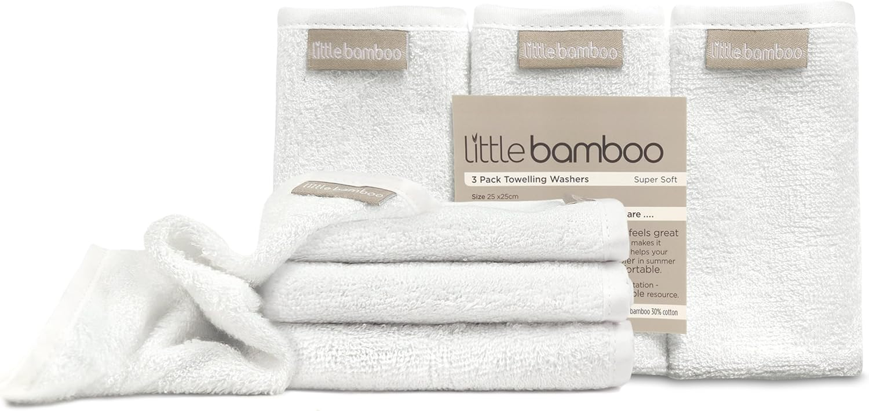 Little Bamboo Towelling Baby Washer Face Cloth, Natural (Pack of 3)