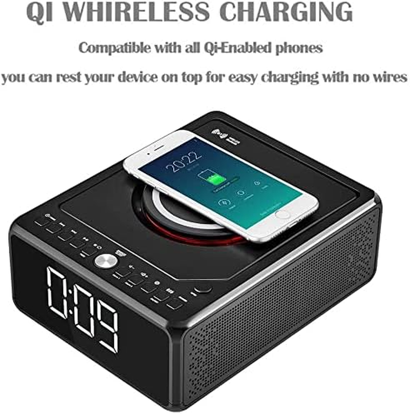 Gelielim CD Player Boombox with Remote, Dual Alarm Clock Radio, Wireless Charger, Bluetooth Digital FM Radio, MP3/USB Music Player, Snooze & Sleep Timer, Dimmable Mirror LED Display （Black） image number 2