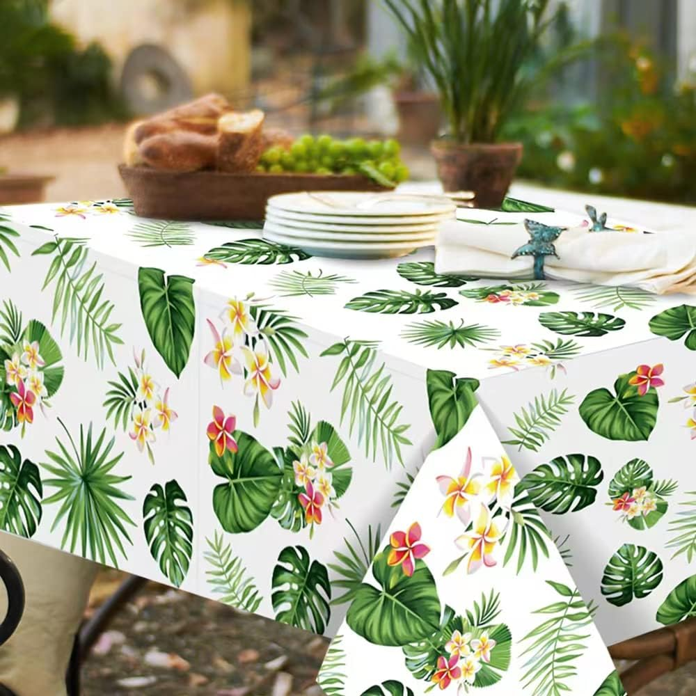 3 Pack Tropical Palm Leaves Table Cloth, Hawaiian Tablecloths for Party Decoration, Hawaii Disposable Plastic Rectangular Table Covers, Summer Beach Kids Birthday Cocktail Party Supplies image number 1