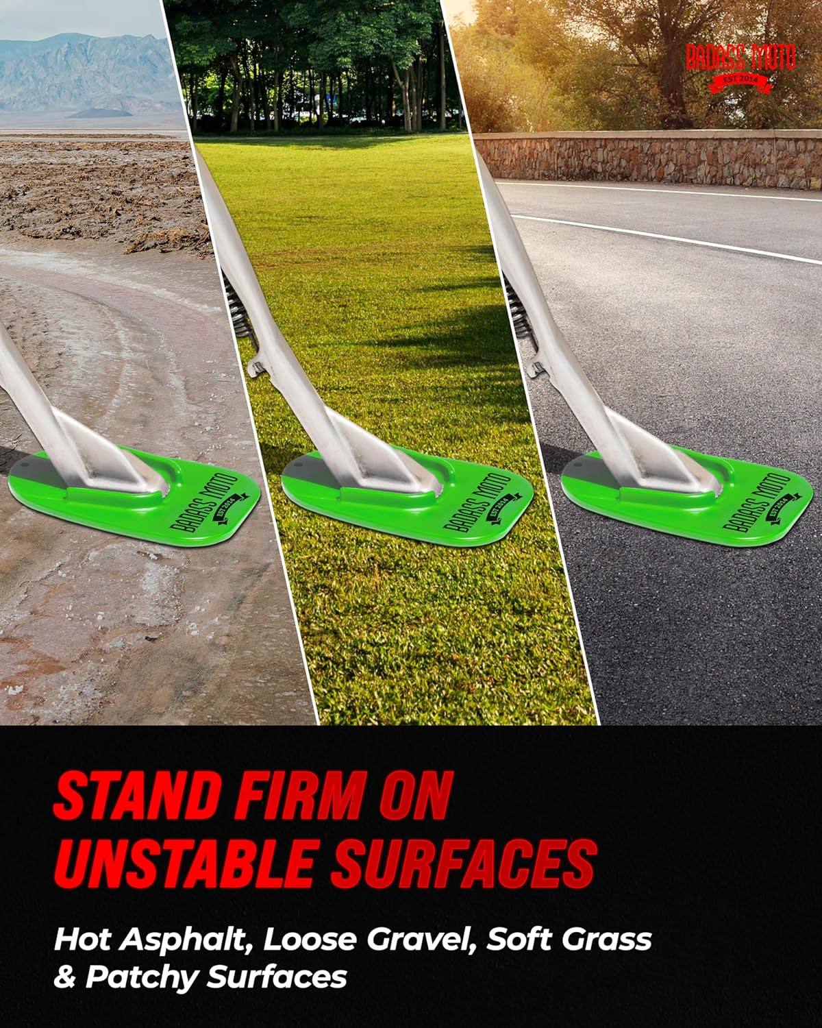Badass Moto Gear Motorcycle Kickstand Pad - Green - American Made in USA. Durable Biker Kick Stand Coaster/Support Plate Color Choices. Rest or Park Your Bike on Hot Pavement Grass Soft Ground image number 5