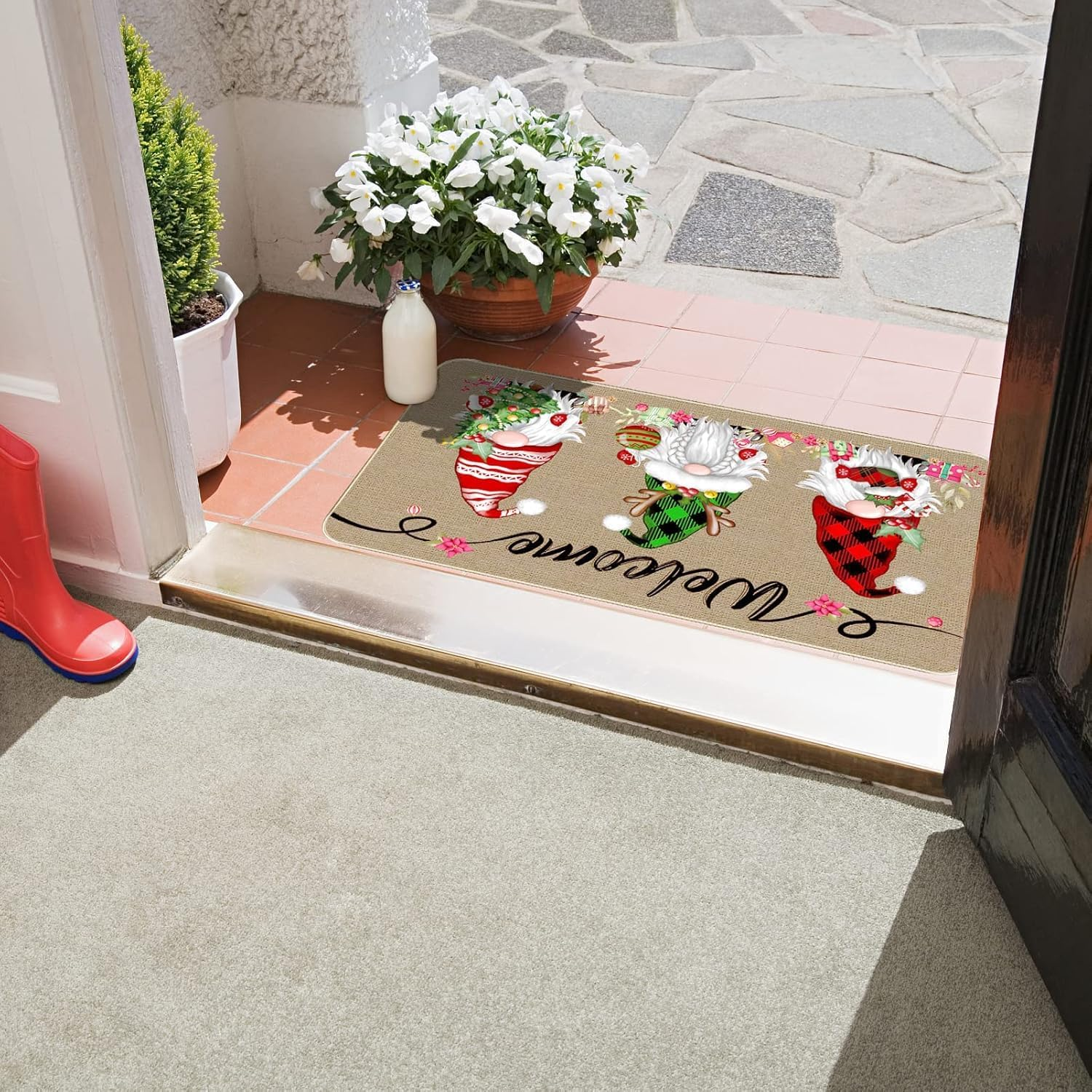 Christmas Welcome Decorative Doormat, Christmas Gnome Buffalo Plaid Door Mat, Non-Slip Carpet Rugs Floor Mat Decorative for Home/Bathroom/Kitchen/Indoor - 90 X 60Cm