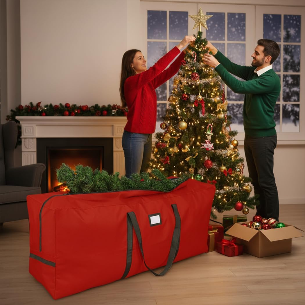 Christmas Tree Storage Bag Fits Artificial Trees up to 9 Feet Waterproof Heavy Duty Xmas Tree Bag Storage Bag Waterproof Zipper & Foldable Holiday Decor Organizer (122 * 38 * 51Cm,Red) image number 4