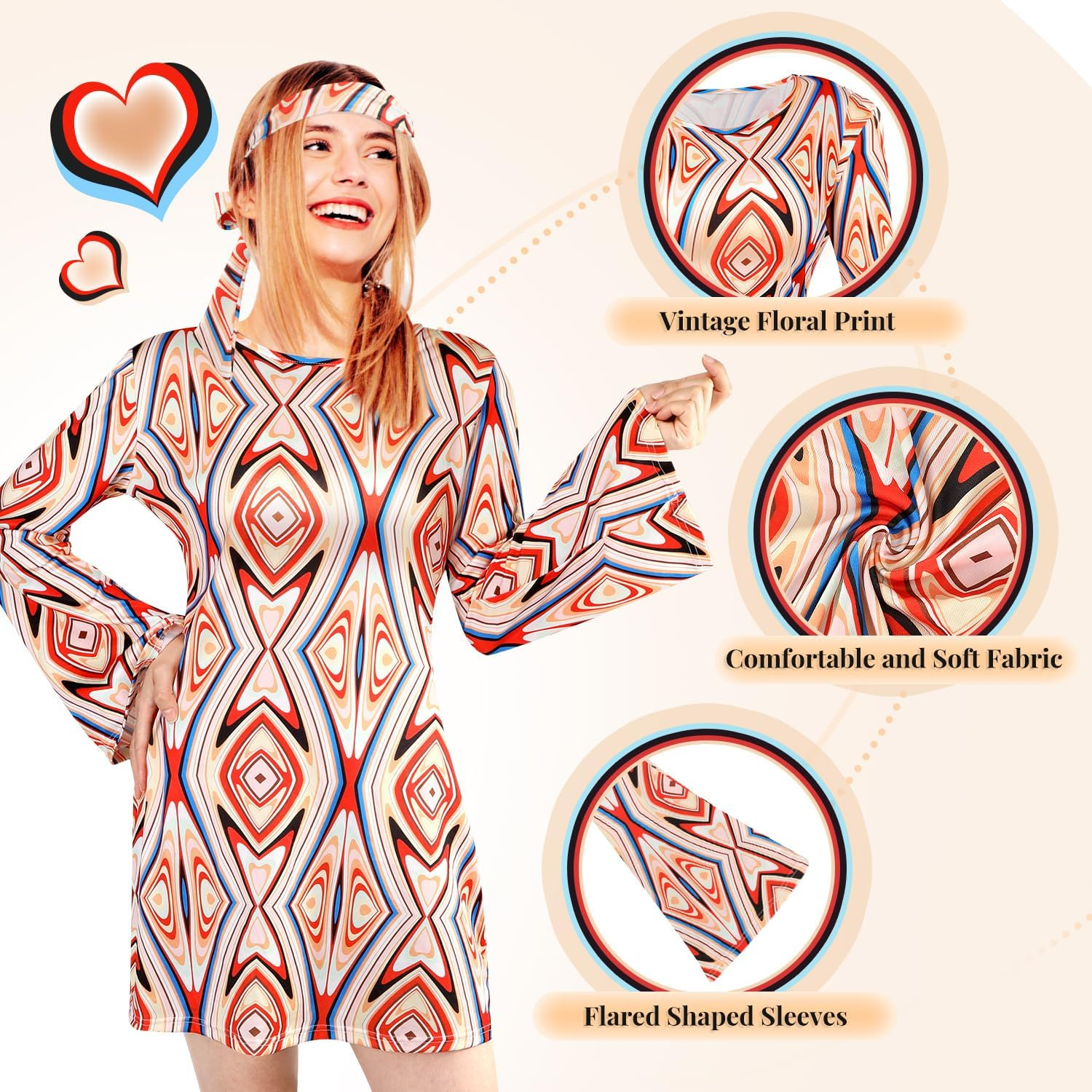 Slowton 70S Disco Costume Women - 70S 80S Hippie Costumes with Headband, Disco Dress Halloween Costume Outfit Hippie Clothes for Fancy Dress Cosplay Carnival Party image number 6