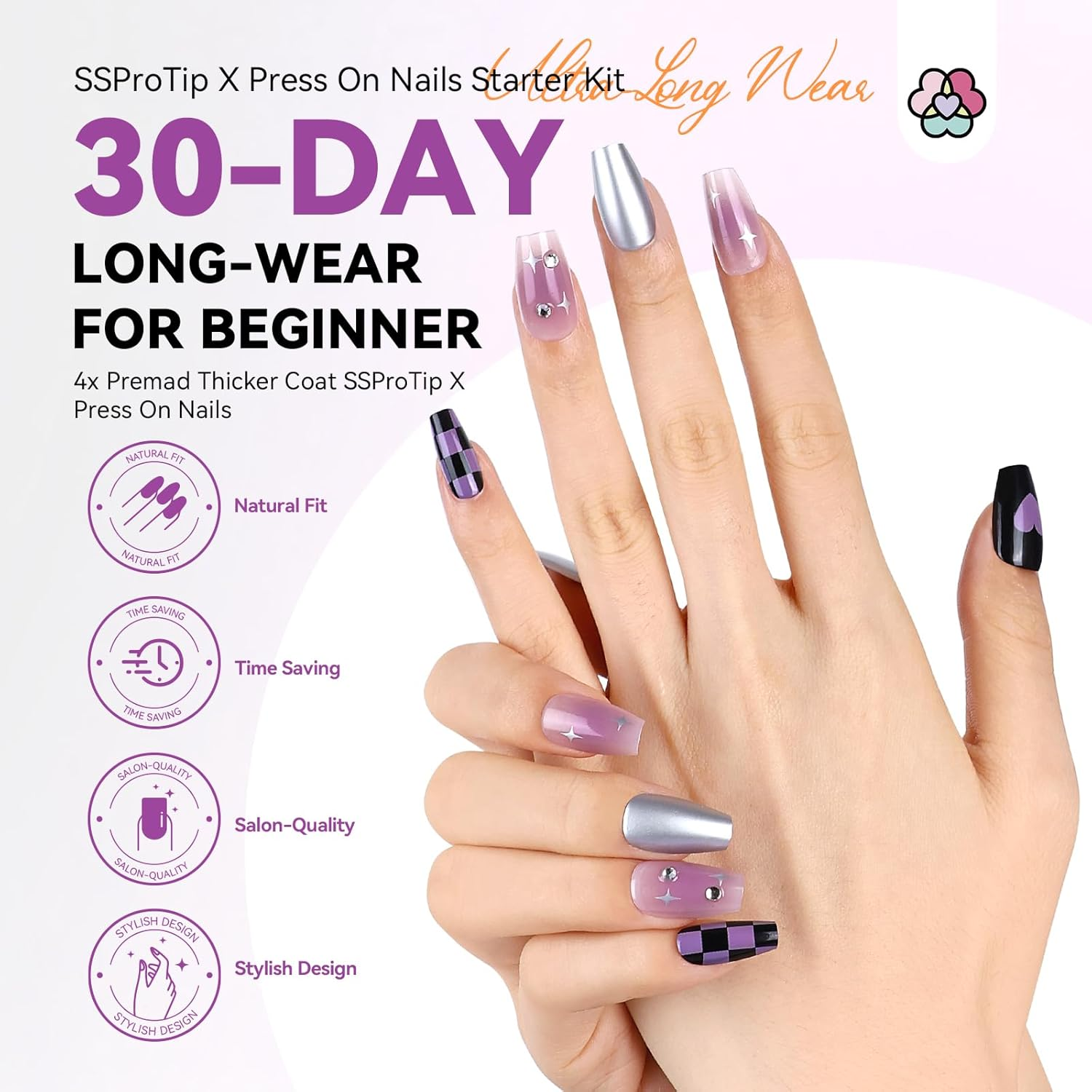 SAVILAND Naughty Heart Press-Ons Starter Kit: Long-Wear Thick 100% Acrylic Nail Tips Press on Nails Gels Nails GEL Glue Soft Gel Tips Fake Tips False Nails U V Nail Lamp Star Gift Set image number 2