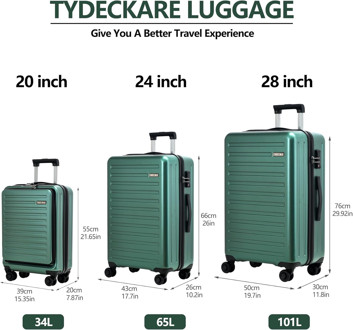 3Pcs (20/24/28) Luggage Set, Hardshell Lightweight Only 20" with Front Pocket, 21.65*15.35*7.87" Fits Overhead Cabin, 24" (26*17.7*10.2") and 28" (19.68*11.81*29.92") Checked Luggage, Green - Orange image number 4