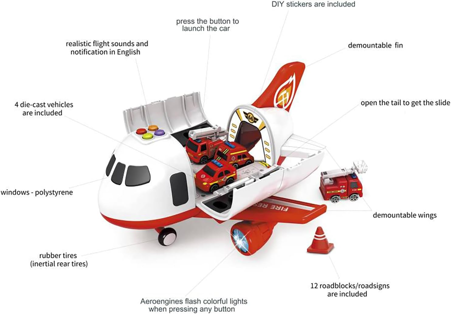 Airplane Toys with Fire Truck Cars Toy Set,Plane with Light up and Sounds image number 1
