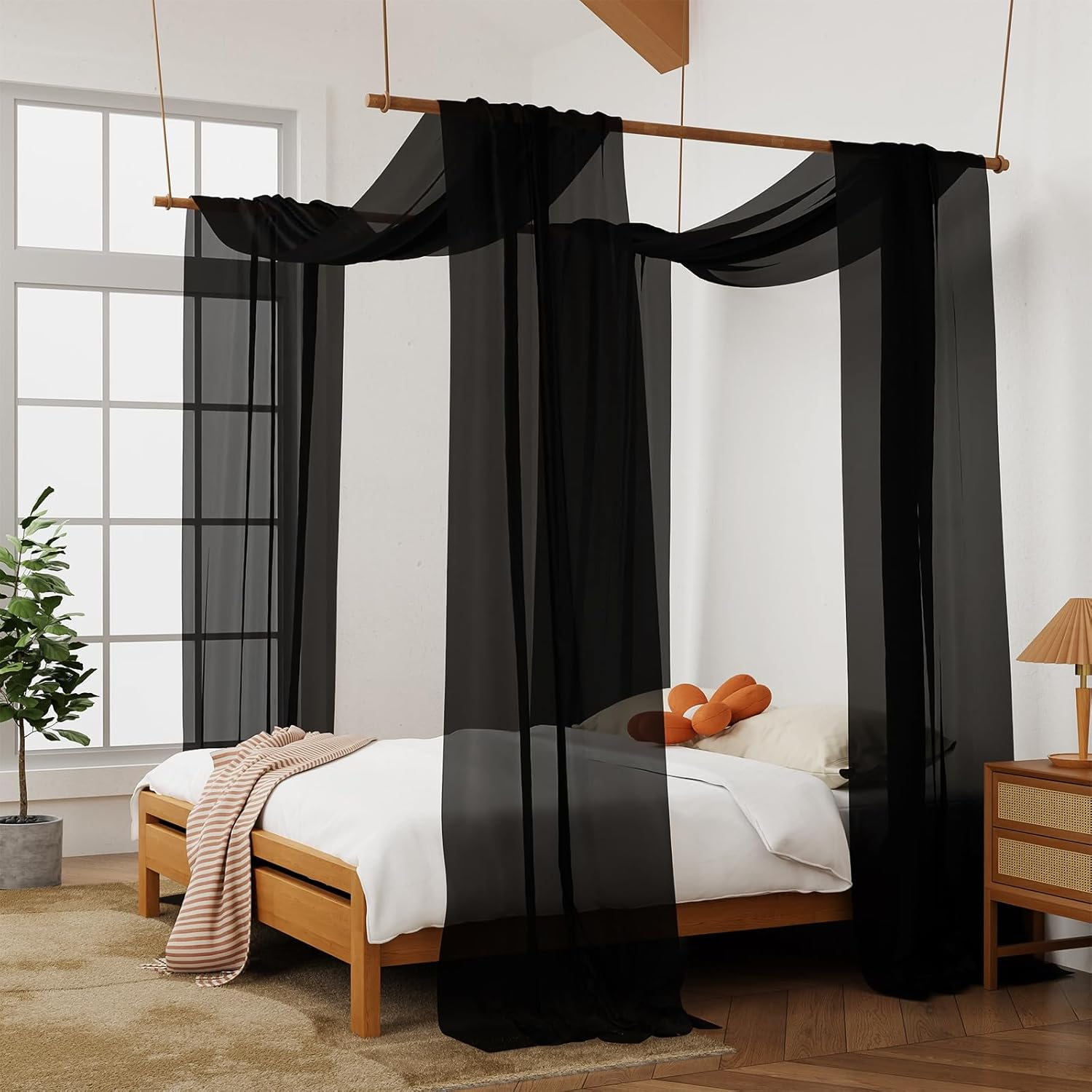 Canopy Bed Curtains - 2 Panel Curtains for Bed in 52 X 144 Inches Black Sheer Scarf Luxury Sheer Curtains for Adults Girls Room Decor(Twin,Black) image number 6