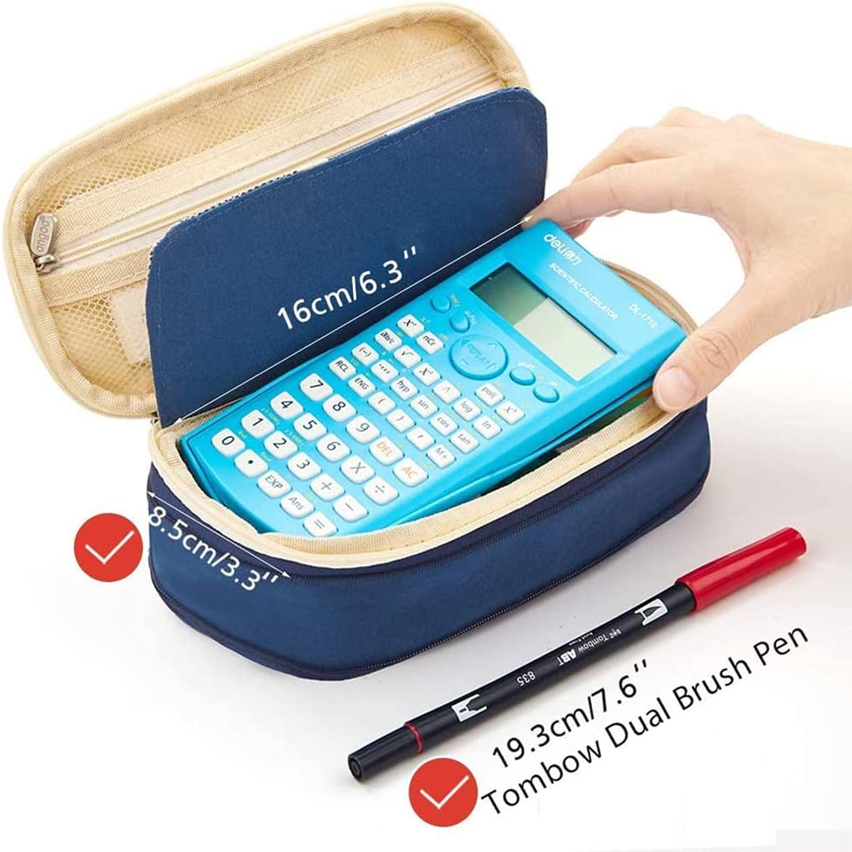 Isuperb Large Pencil Case Pen Holder with Zipper Beige and Blue Colour Clash Pencil Bag with Compartment Large Capacity Canvas Stationery Storage Bag Deformable Zipper Pencil Box for School or Office image number 4