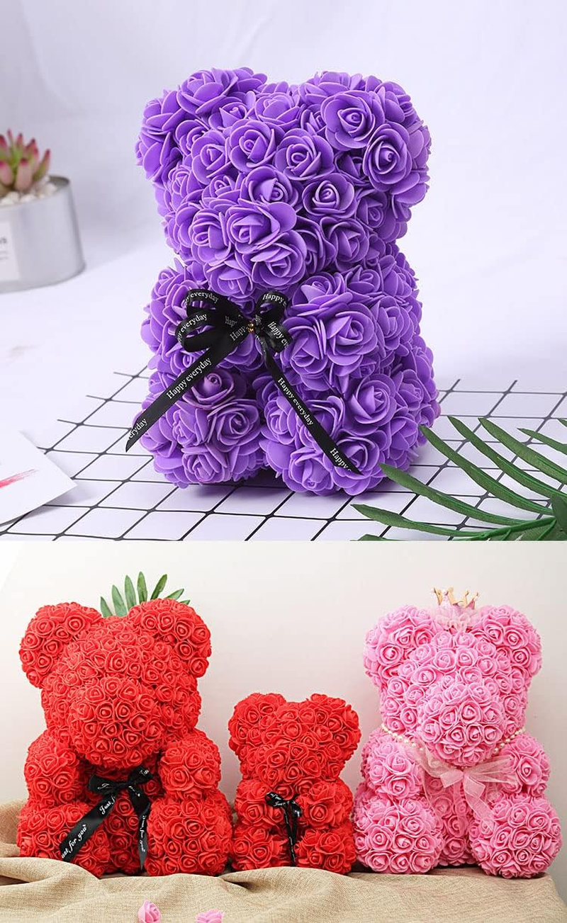 Rose Flower Bear Artificial Flower Hand Made Bear for Valentine'S Day Birthdays Romantic Weddings Christmas Rose Gifts (25Cm Purple) image number 1