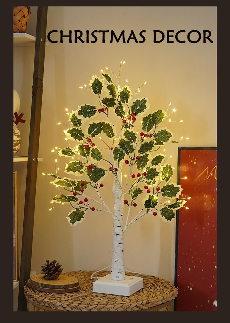 2FT Fairy Lights Birch Tree 72 LED Tree Lamp with Timer for Easter Christmas Decorations Light Spirit USB or Battery Powered Branch Lighted Trees Indoor Outdoor (72 LED, Green Tree with Berry Decor) image number 2