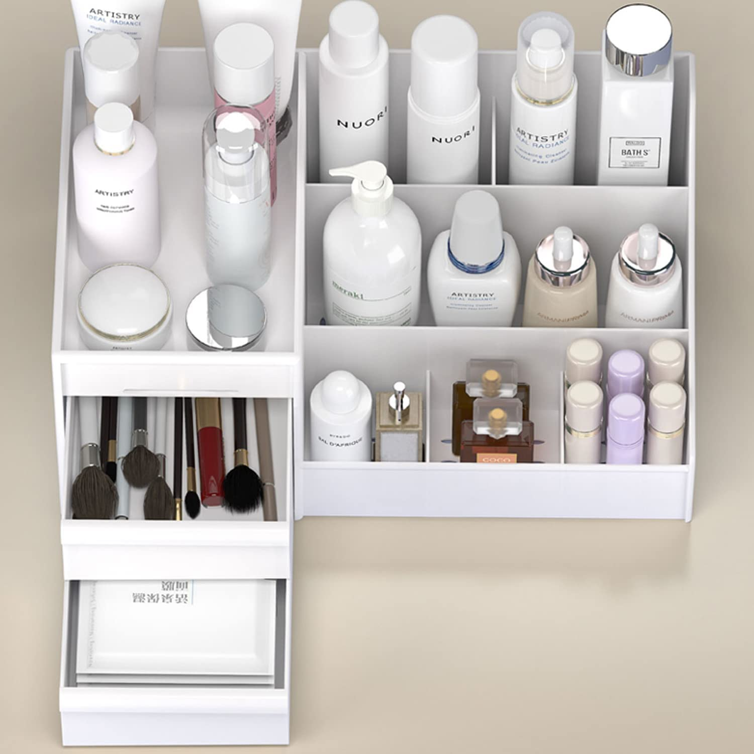 Yotsuba Clarity Cosmetic Organizer with 2 Drawers - Clear Makeup Organizer & Skincare Organizer for Bathroom & Desktop, Multifunctional Jewelry and Cosmetic Organizer Cabinet, White image number 2