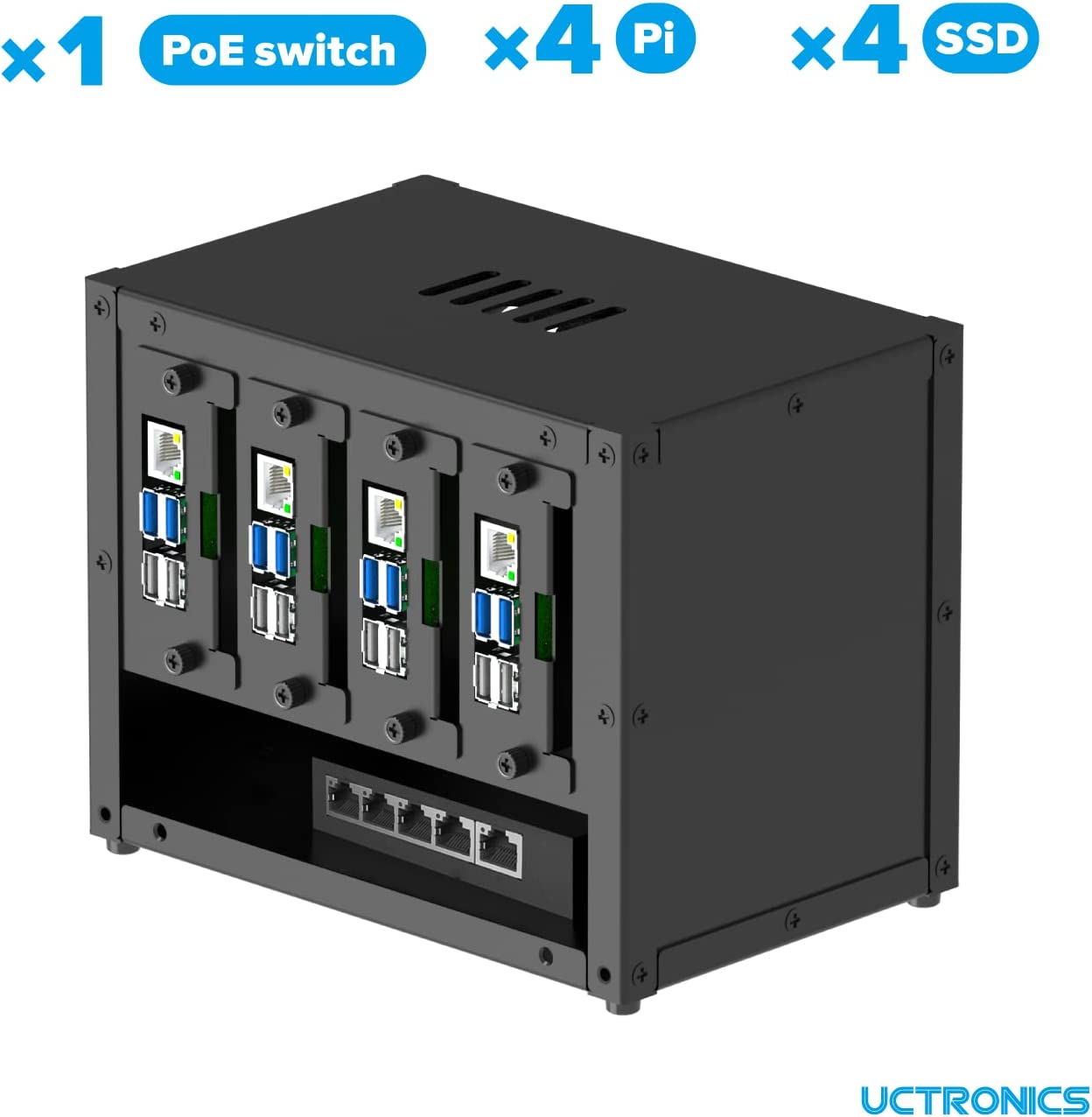 UCTRONICS Upgraded Complete Enclosure for Raspberry Pi Cluster, with 4 Removable Mounting Brackets for Pi 4B, 3B+/3B, and Other B Model and 2 Cooling Fans,Support 4 2.5" SSD and Switch