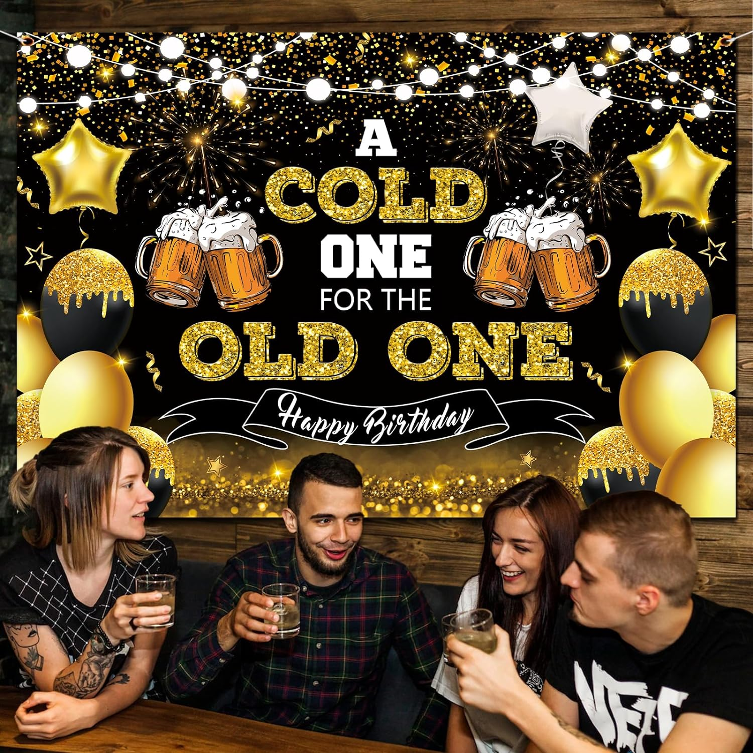 Beer Party Decorations,Black and Gold Happy Birthday Backdrop for Men a Cold One for the Old One Photography Background Banner for 30Th 40Th 50Th Birthday Cheers and Beers Party Supplies image number 2