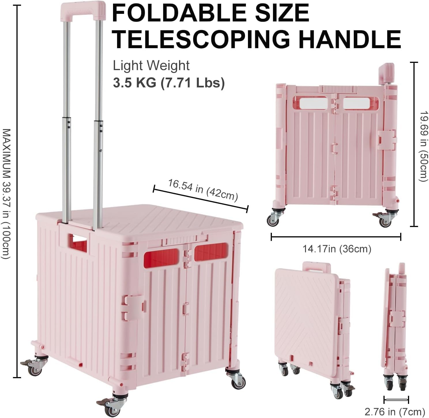 Folding Utility Cart with 4 Wheels, Black Foldable Cart with Telescoping Handle, Collapsible Cart with Wheels, Foldable Rolling Cart for Shopping, Office, Grocery Storage (Pink-65L)