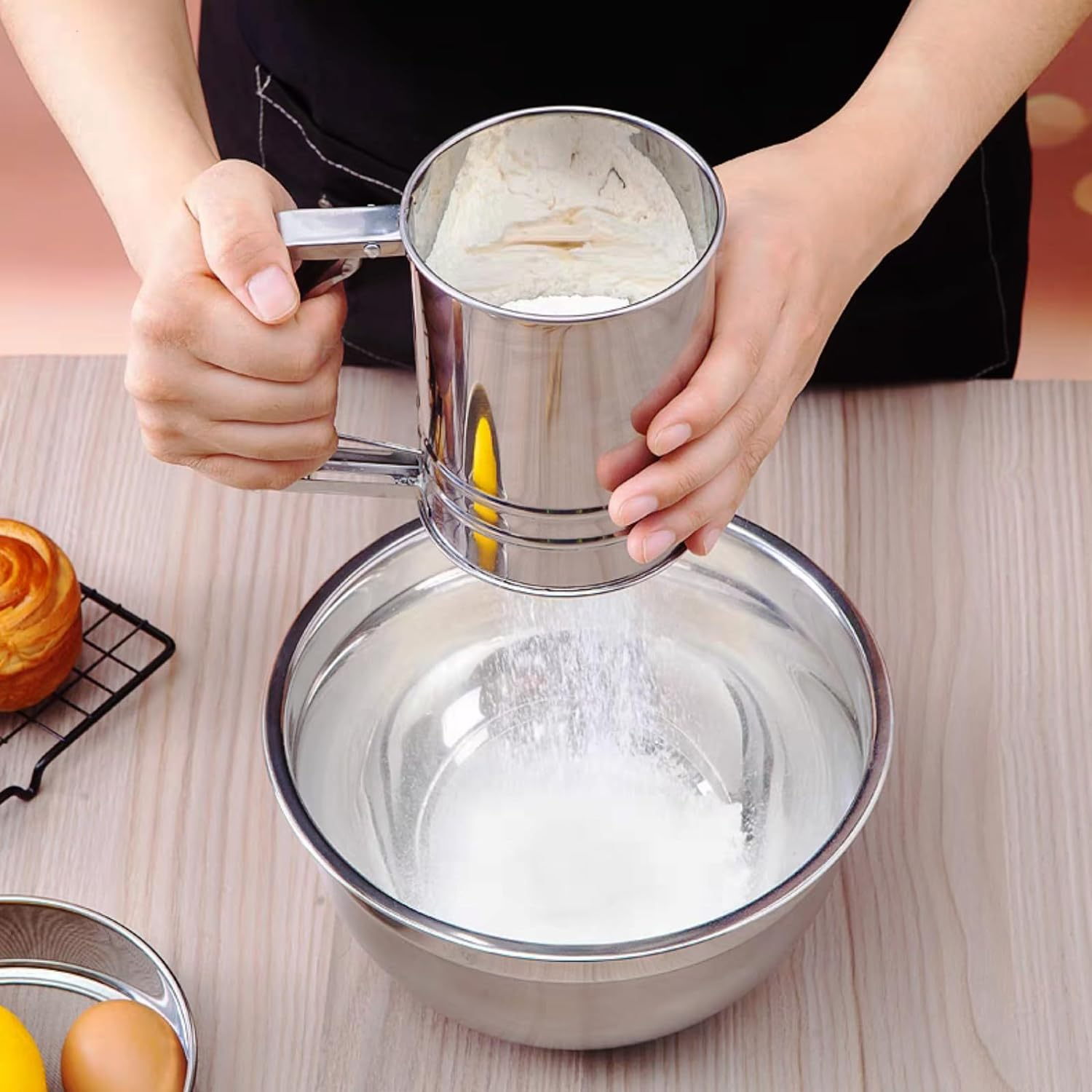 Manual Flour Sifter, Baking Sieve Flour Strainer, Stainless Steel Double Flour Sifter for All Baking Flours and Powdered Sugar Strainer (Silver)