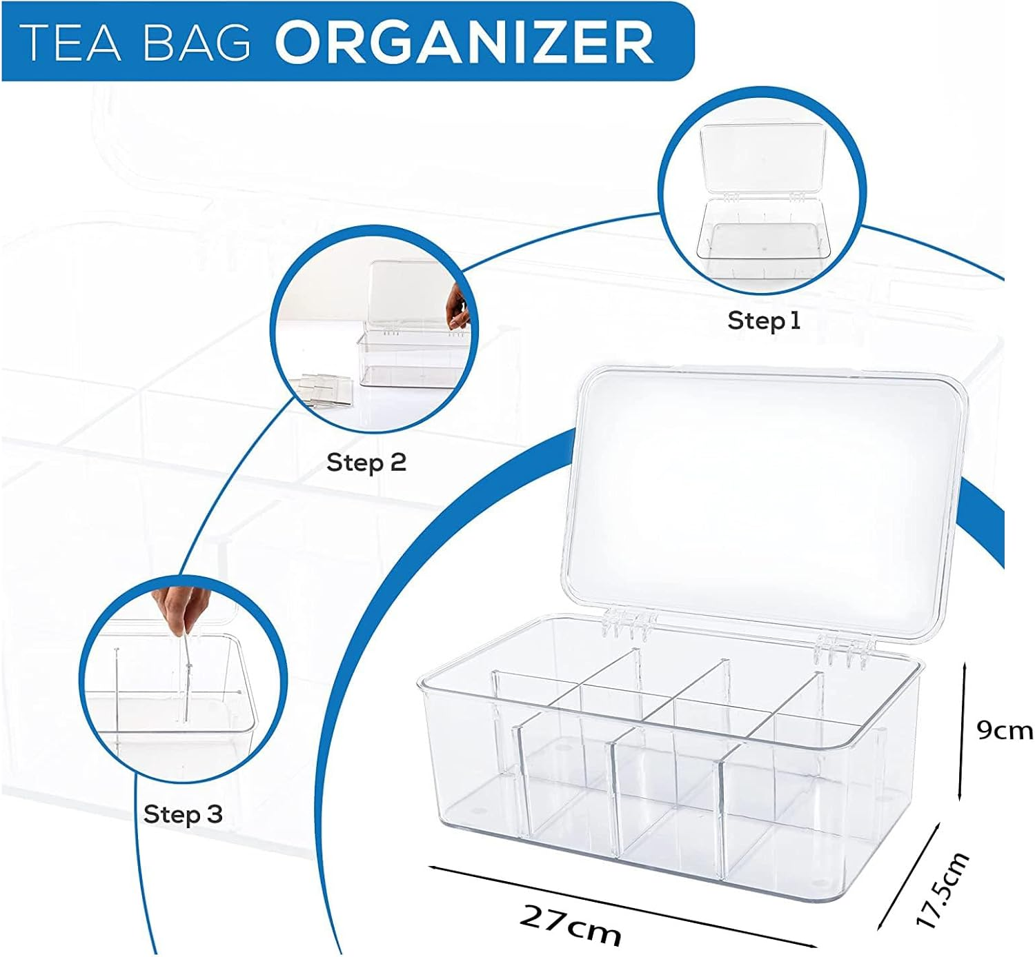 2 Pack Tea Coffee Bag Storage Box with Lid and 4 Removable Dividers,Clear Plastic Food Bag Snack Organizer,Stackable Kitchen/Refrigerator Dessert,Flavor Organizer image number 1