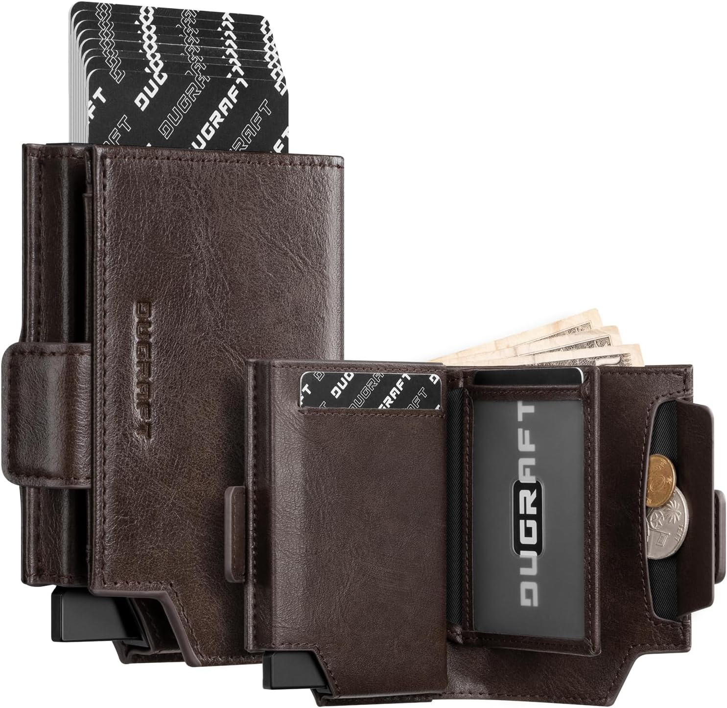 DUGRAFT Card Holder Wallet with Coin Pocket Magnetic Closure RFID Blocking Pop up Cards with ID Window & Money Organizers (Dark Brown) - Brown image number 2