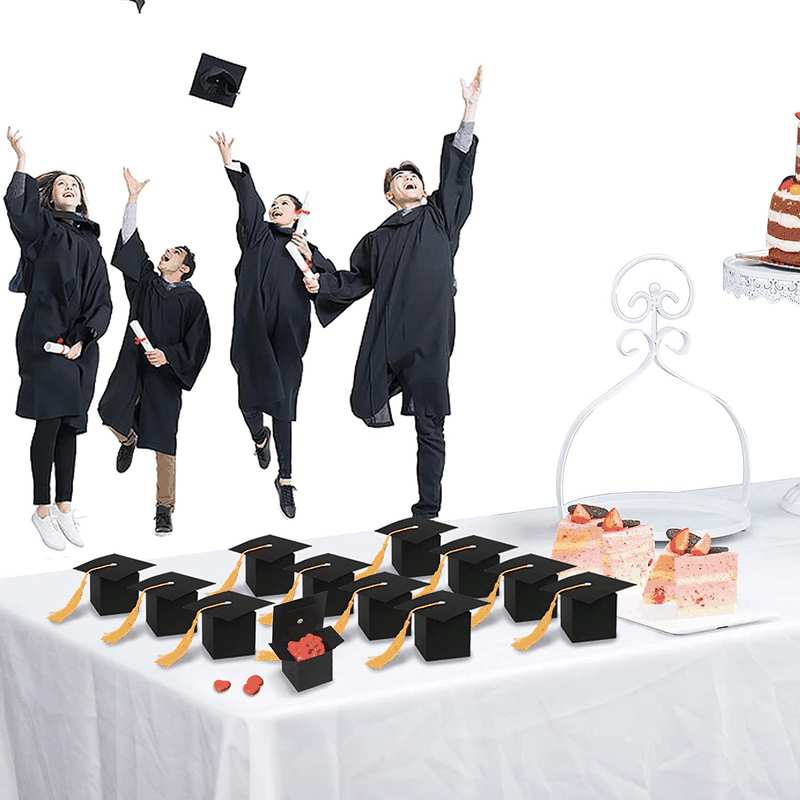 30Pcs Graduation Cap Shaped Gift Box - 6CM Black Doctoral Sweet Boxes with Yellow Tassel for Celebration Ceremony Party image number 6
