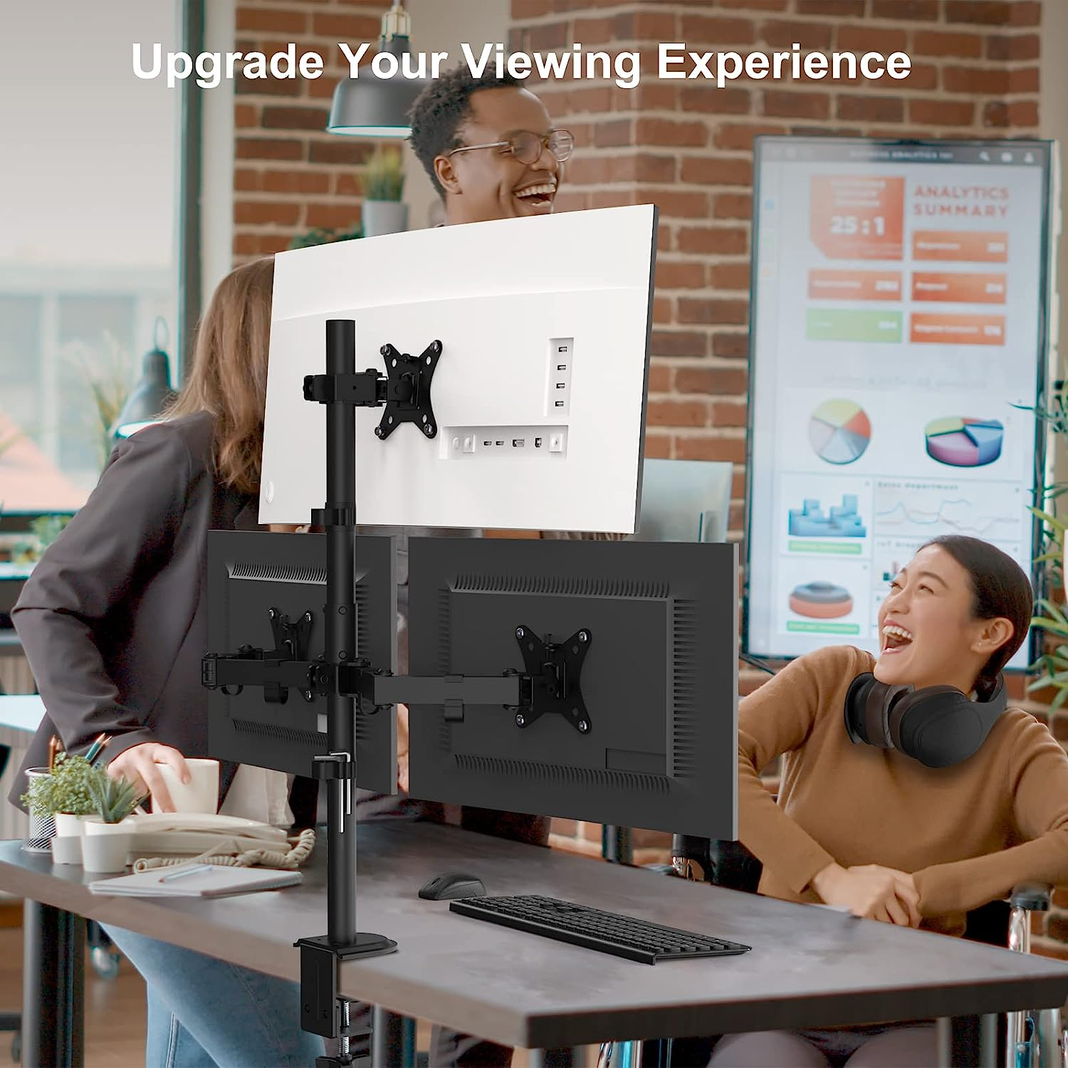 PUTORSEN Monitor Bracket 3 Monitors for 13-32 Inch Flat & Curved Screen, 80 Cm Rod Monitor Table Mount Swivelling Tilting Height Adjustable, 9 Kg per Arm, VESA 75 X 75/100 X 100, Black image number 4