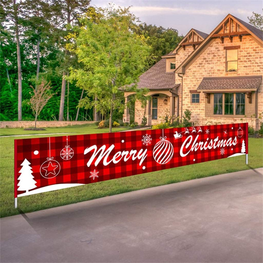 Dsdecor Merry Christmas Banner Large Xmas Porch Sign Banners Poster Indoor Outdoor Holiday Party Hanging Decorations (Style 1, 10Ft X 20Inch)