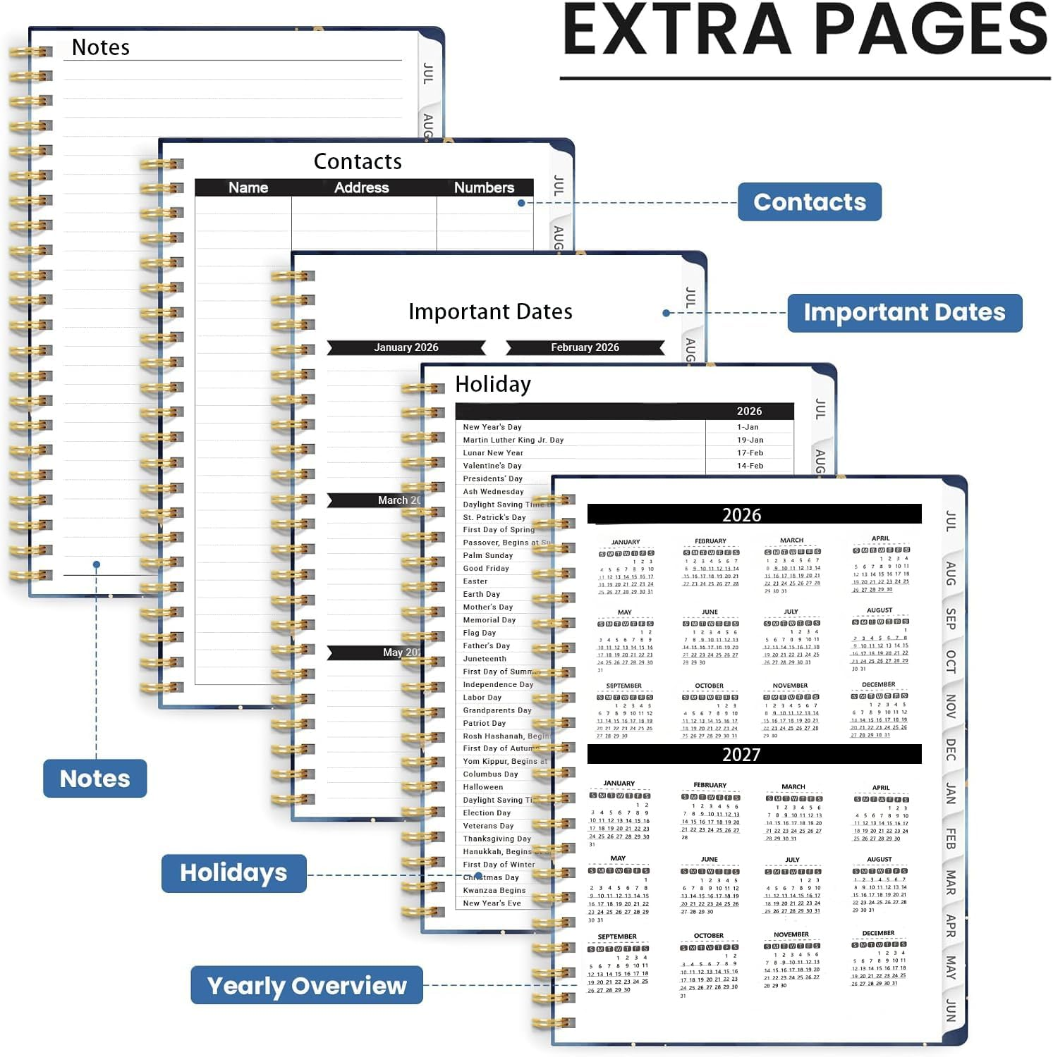 Academic Planner 2026 Weekly and Monthly, Jan 2026 - Dec 2026, 6.5" X 8.5" with Monthly Tabs, Pockets, Spiral Bound for Office School - Green Stars image number 7