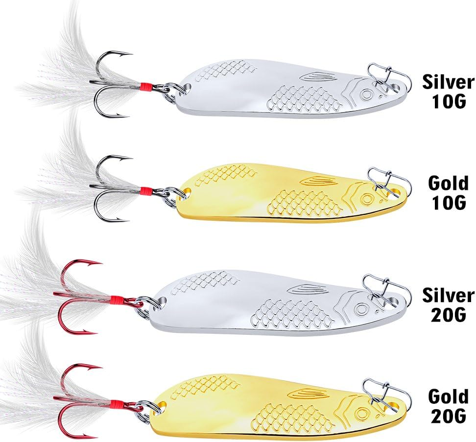 Metal Spoon Lure 10G 20G Hard Fishing Bait Silver/Gold Spinner Bass Baits Feather Hook for Bass Walleyes Trout Fishing Lures Pack of 10Pcs image number 3