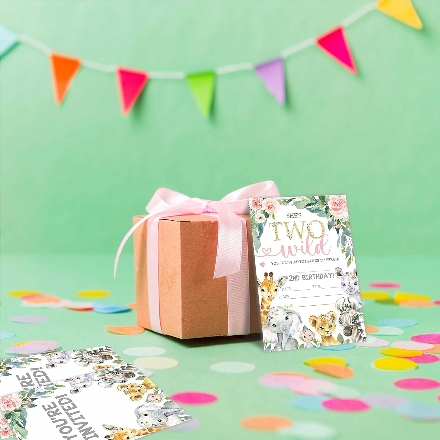 Two Wild Birthday Party Invitation, 2Nd Jungle Animals Invite Cards（20 Count) with Envelopes, Floral Fill in Style Invite Cards for Boys, Girls, Kids, Birthday Party Supplies-A50 - Four Wild image number 2
