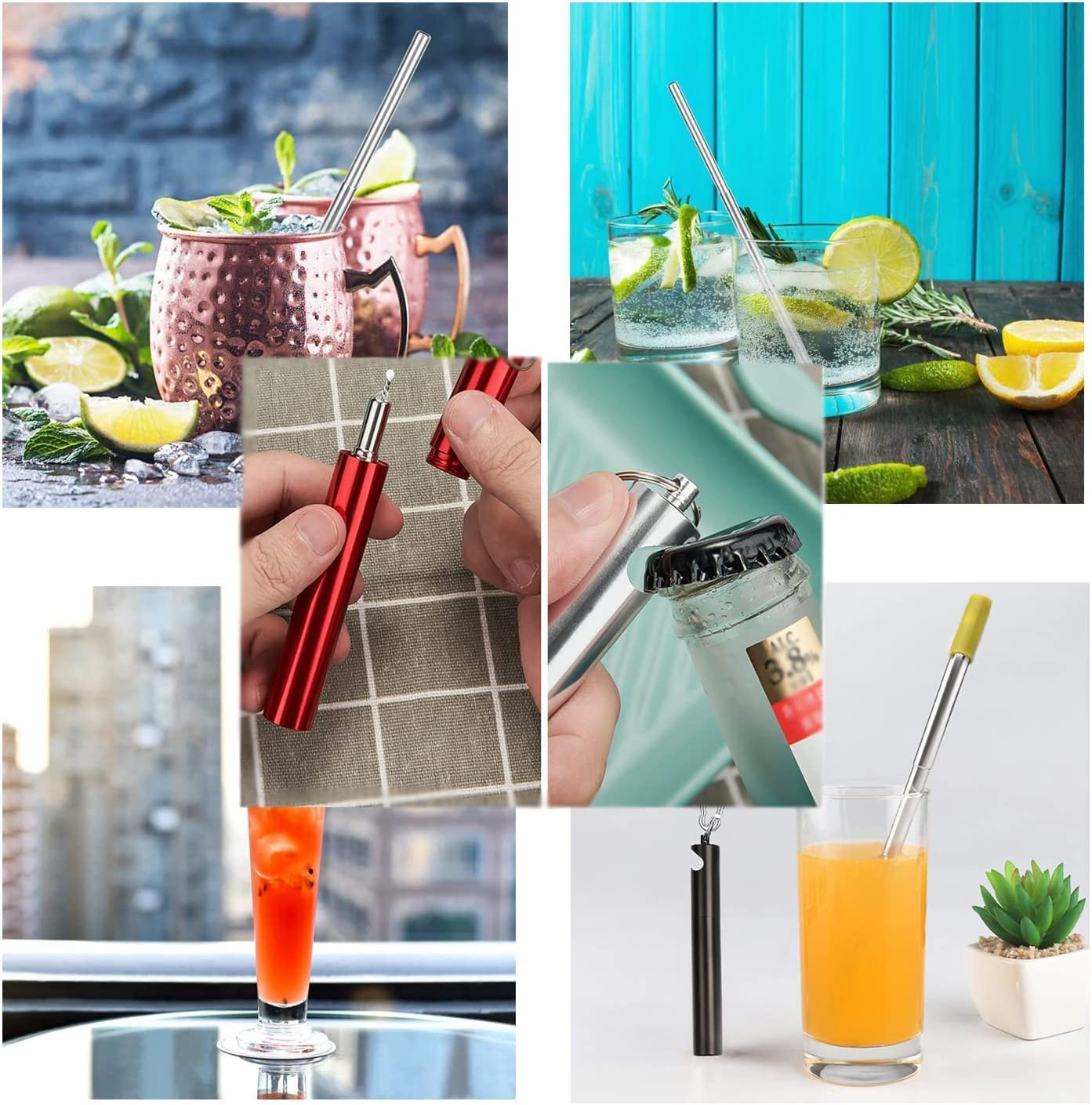 2 Pack Collapsible Telescopic Reusable Straw, Beer Opener Function Foldable Metal Straw Stainless Steel Drinking Straws with Case & Key Chain & Cleaner Brush image number 5