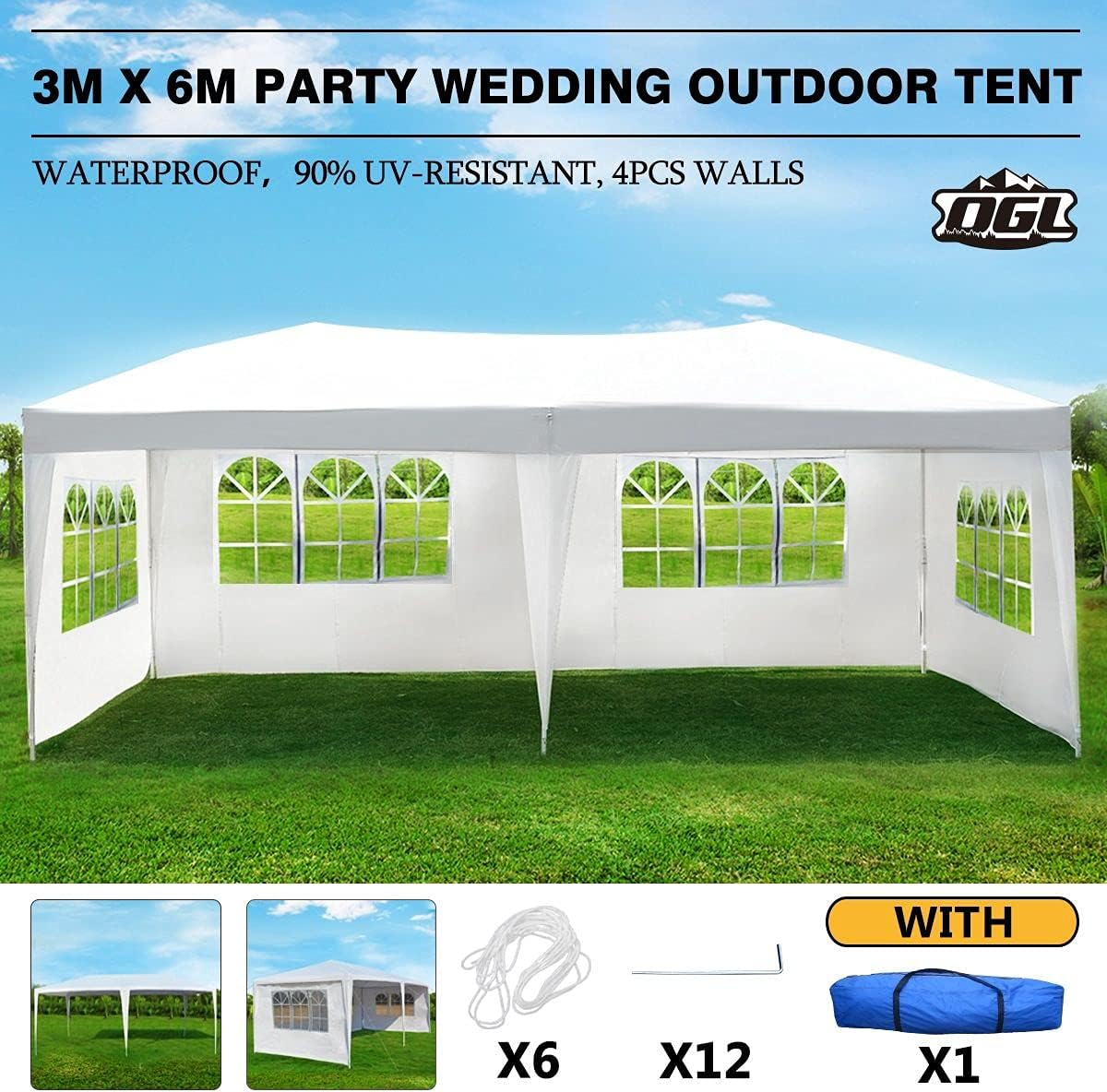 OGL 3X6M Canopy Outdoor Gazebo Tent Party Wedding Tent Outdoor Garden Waterproof Marquee W/4 Removable Walls image number 6
