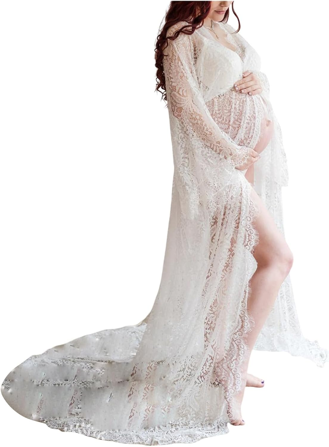 Uneedvog Maternity Dress for Photoshoot Lace Drawstring Pregnancy Clothes V-Neck Long Sleeves Maternity image number 4