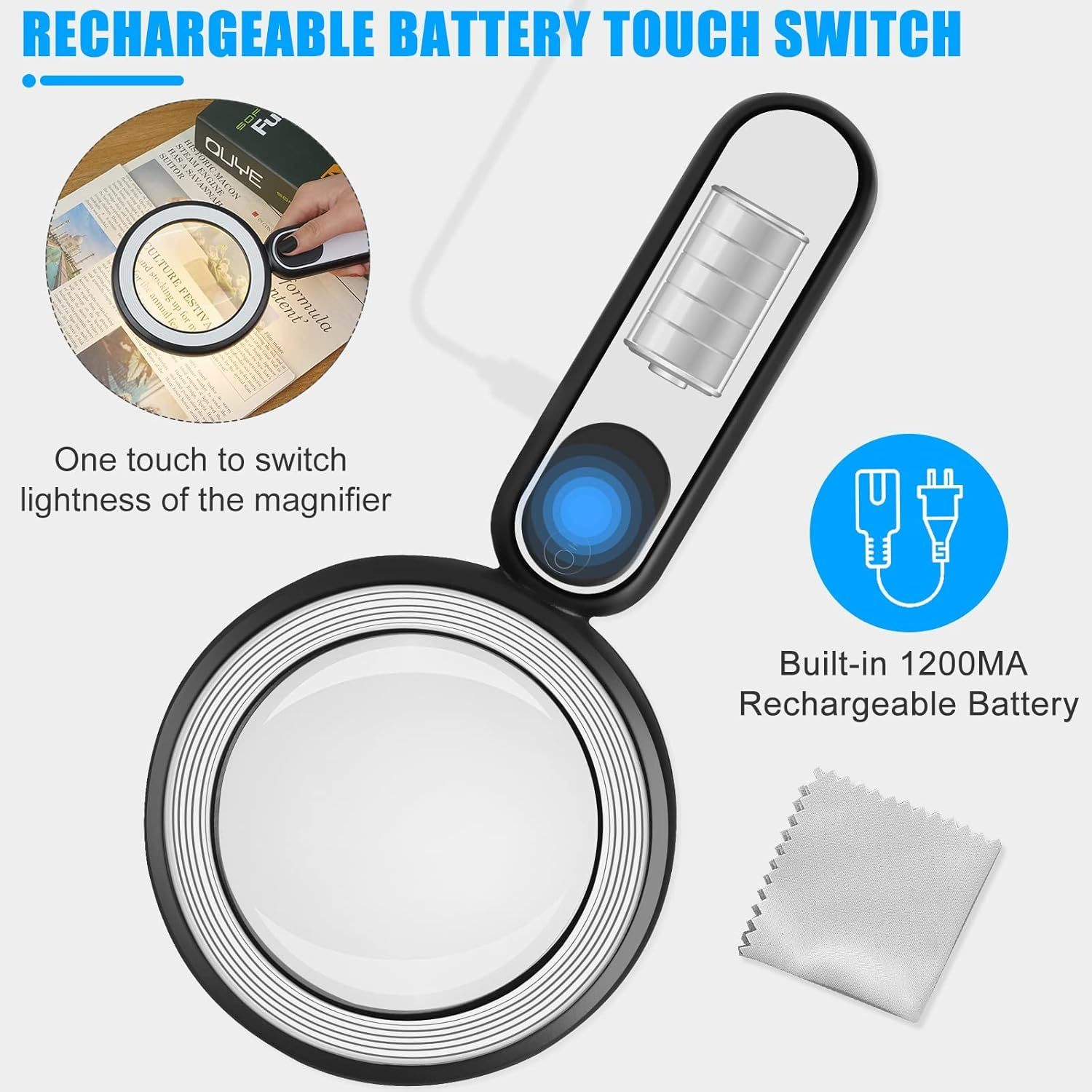 Rechargeable Magnifying Glass with Light, 30X 4.7IN Handheld Large Lightweight Lighted Magnify Lens 21 LED 3 Modes Illuminated Book Magnifier for Kids,Seniors,Reading,Inspection,Coin,Jewelry - Grey+White image number 4