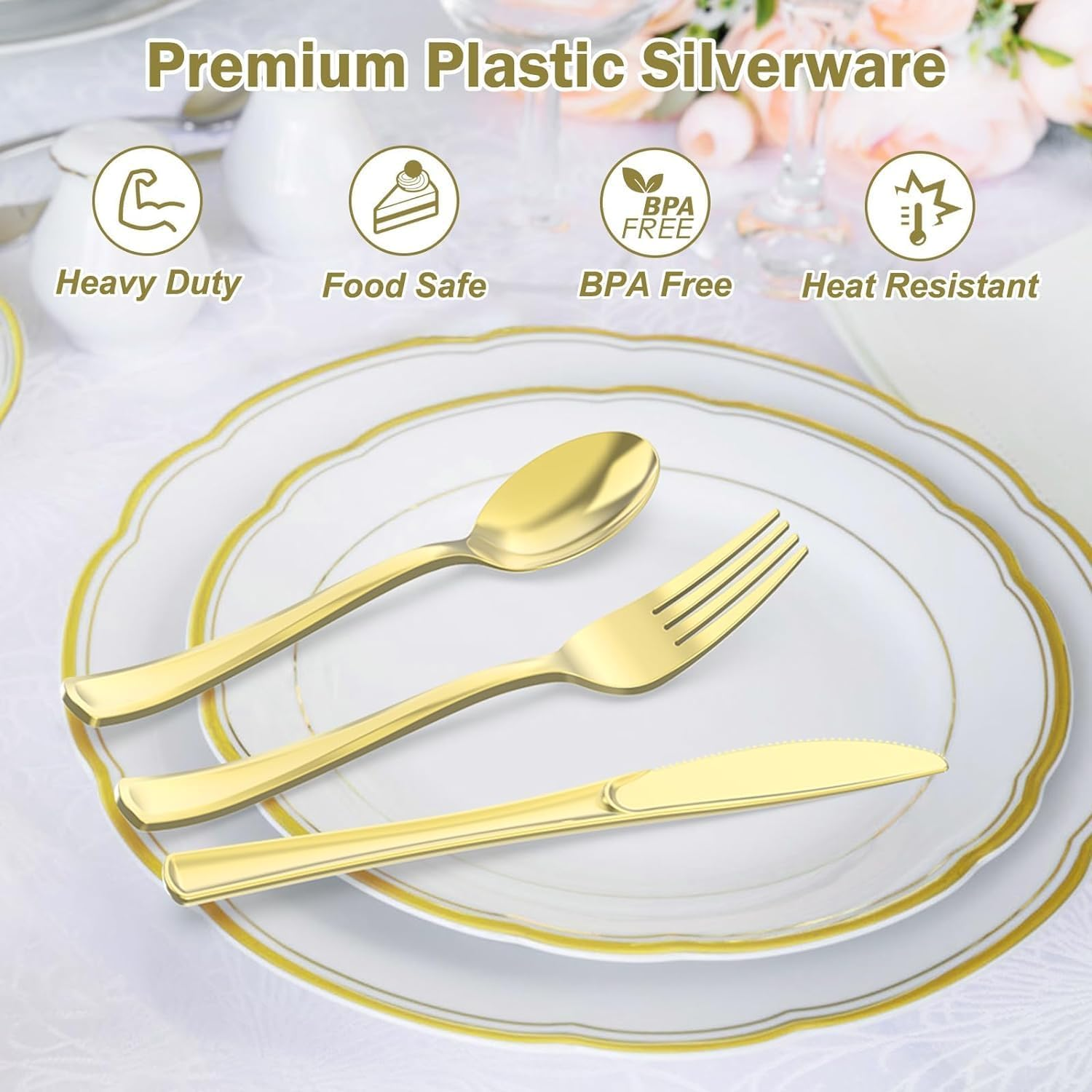 200 Heavy Duty Gold Plastic Silverware,100 Forks, 50 Spoons, 50 Knives, Bpa-Free,Reusable Gold Plastic Utensils Set, Plastic Cutlery Set, Party Wedding Dessert Picnic Christmas Catering image number 3