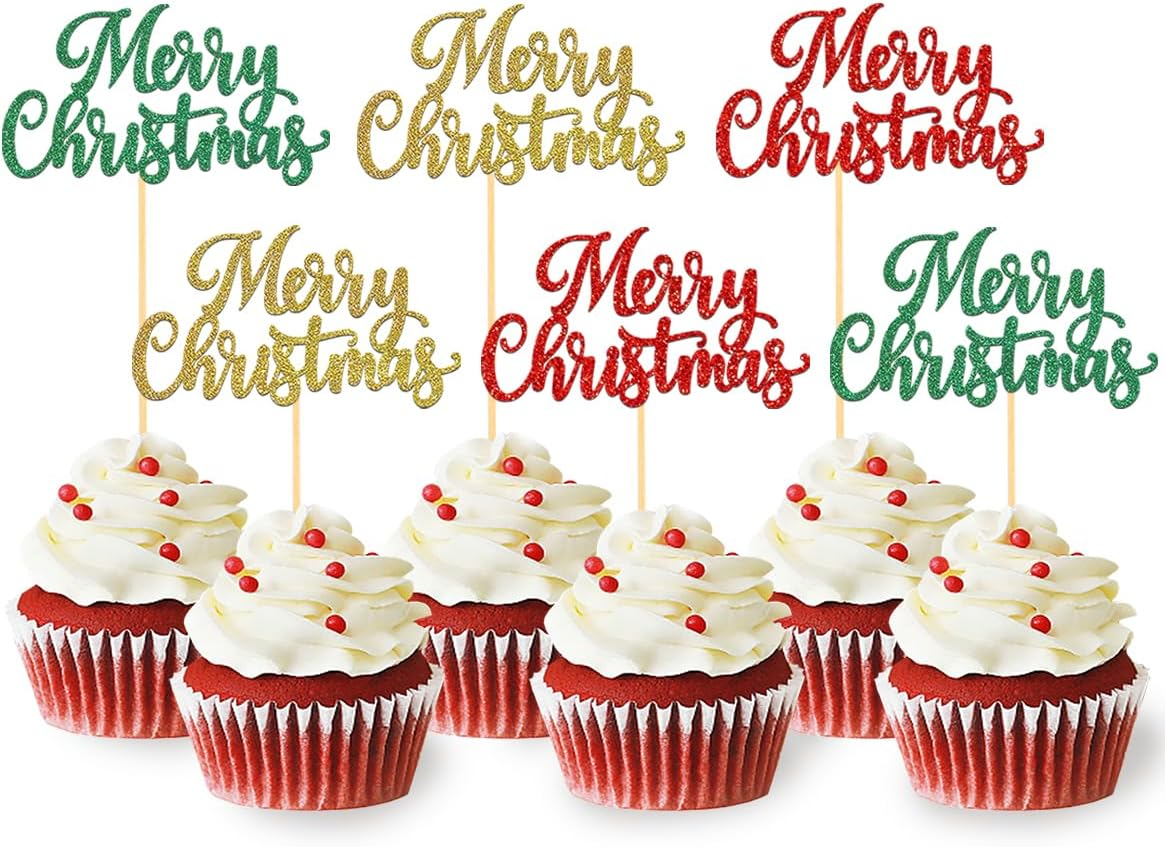 24 PCS Merry Christmas Cupcake Toppers for Christmas Decorations, Christmas Tree Cake Toppers for Christmas Party Supplies (Pattern C) image number 1