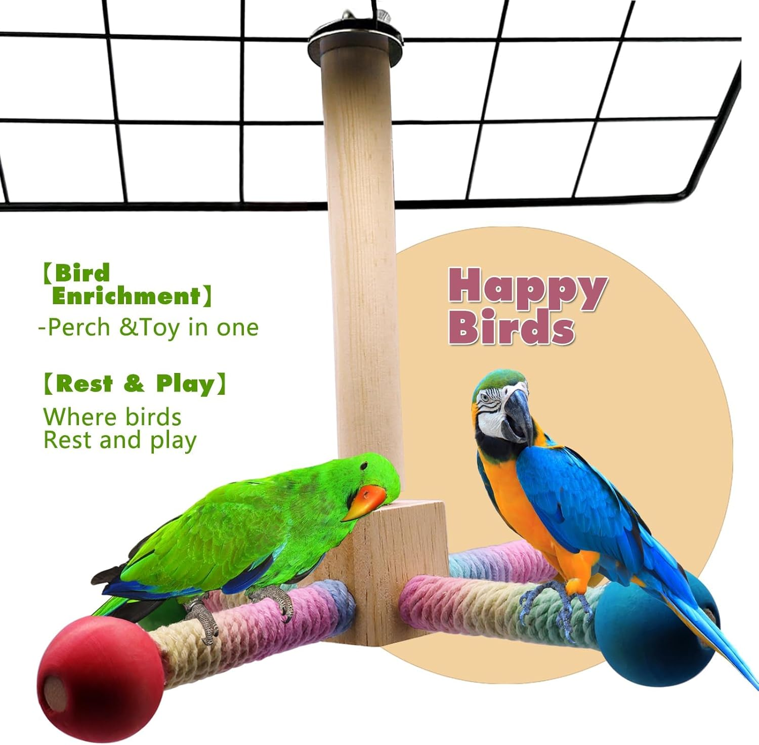 Bird Cage Perch Stand with Interactive Rotating Wheel Toy, Wooden Exercise Toy for Parakeets, Cockatiels, Small and Medium Parrots (Bird Cage with Toy) image number 3