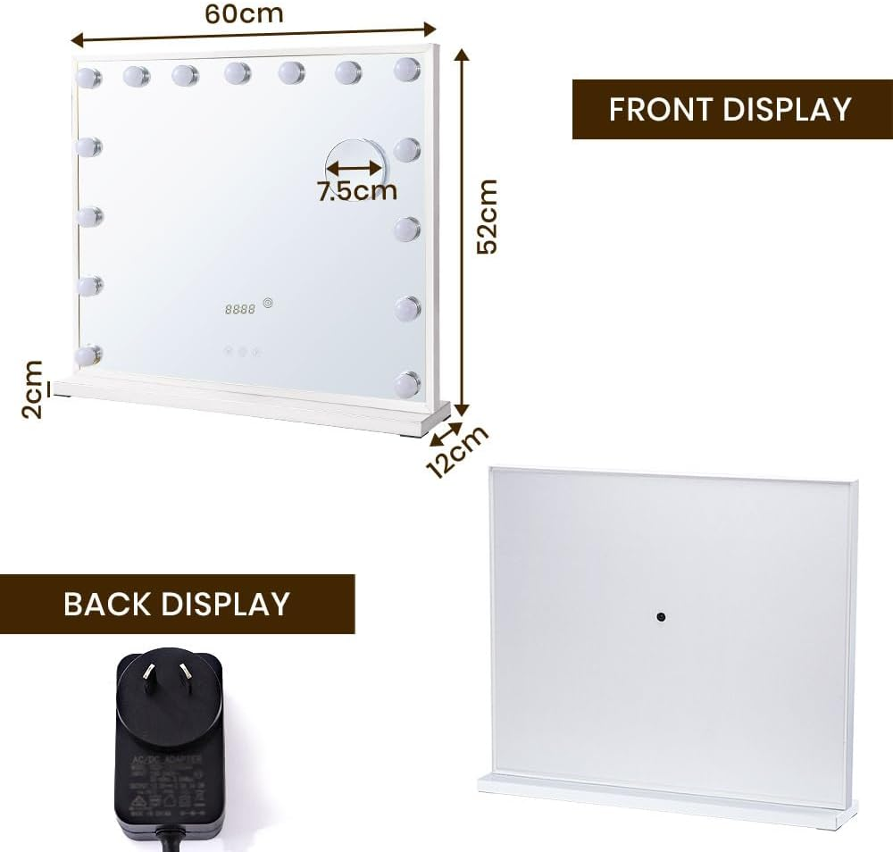 Simplus Vanity Makeup Mirror with Lights Hollywood LED Mirrors Stand, Smart Touch Control Screen and Time Display, 15 Dimmable LED Lights Stable Base White, 60X52Cm image number 5