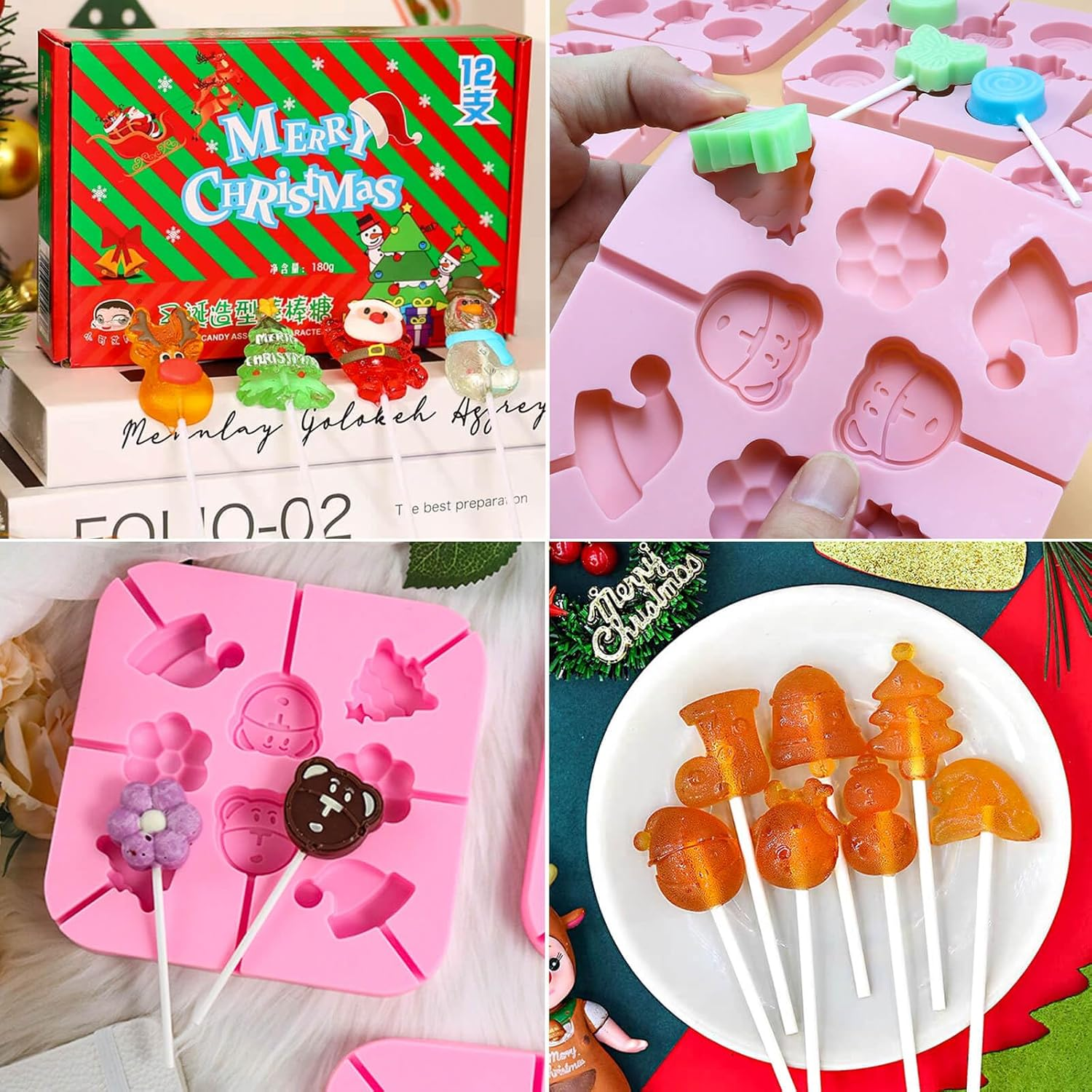 Jhylilia 304Pcs Christmas Lollipop Molds, Pink Silicone Candy Molds with Lollipop Sticks, Treat Bags & Twist Ties image number 2