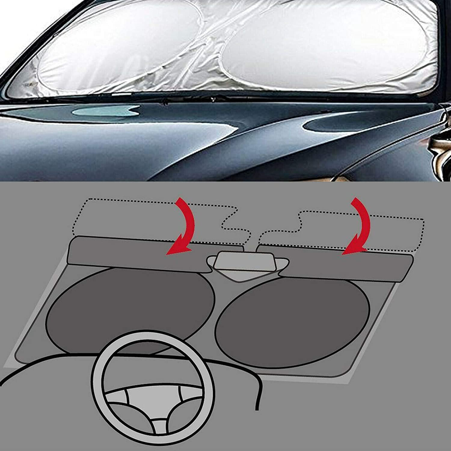 Car Windshield Sun Shade, Proxima Direct Sun Protector for Car Safe Windshield Sunshade Maximum UV Sun Protection-Foldable Car Windscreen Sunshade UV Protector Shields -Keeps Vehicle Cooler(59"X27.6") image number 2