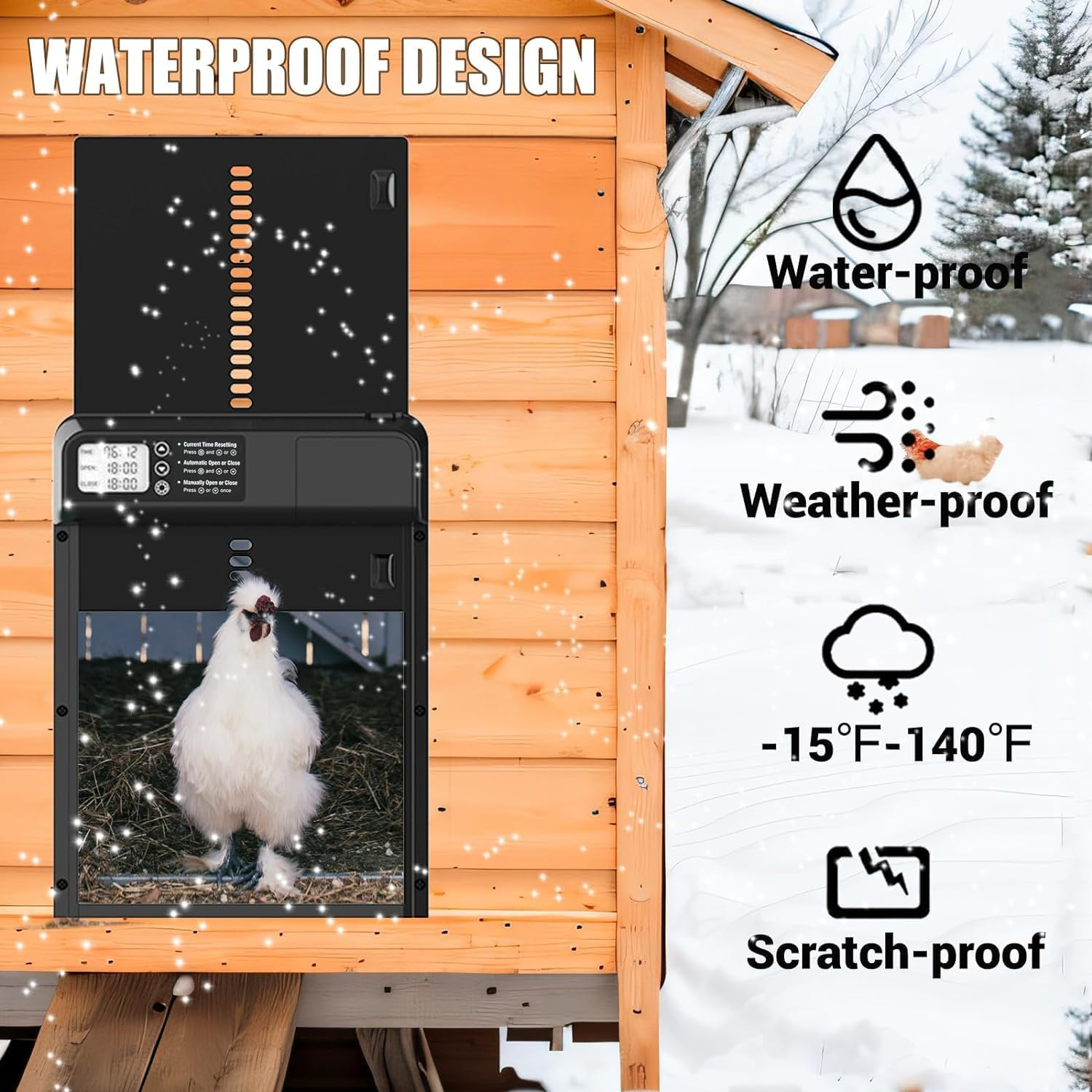 Chicken Coop Door Opener with Timer Control, Anti-Pinch Protection, Aluminum Door, Battery Powered LCD Screen, Weatherproof, Low Battery Alert, Easy Installation for Poultry image number 2