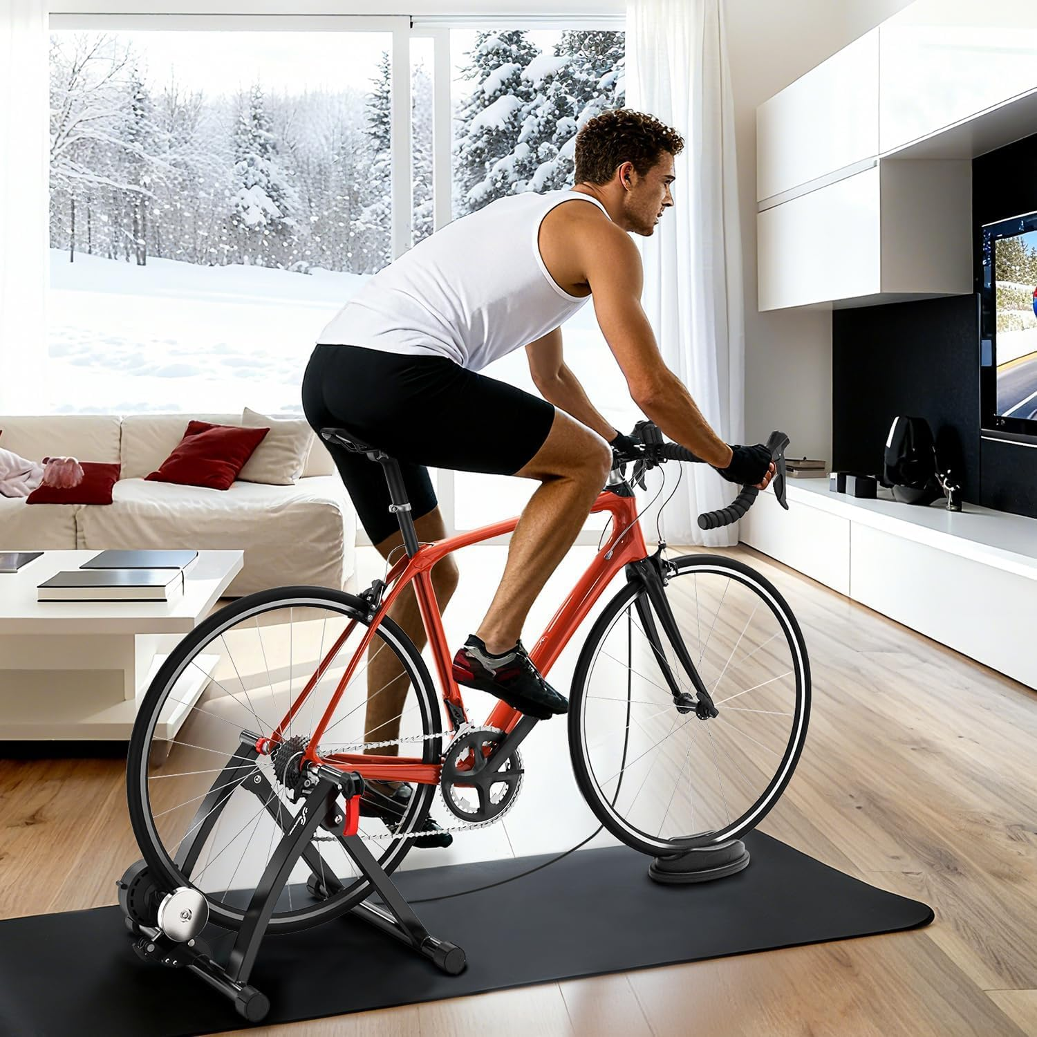 Sportneer Bike Trainer: Magnetic Stationary Bicycle Trainers for 26-28" & 700C Wheels - Adjustable 6 Level Bike Trainer Stand for Indoor Riding with Quick Release Lever & Front Wheel Riser Block - Red image number 6