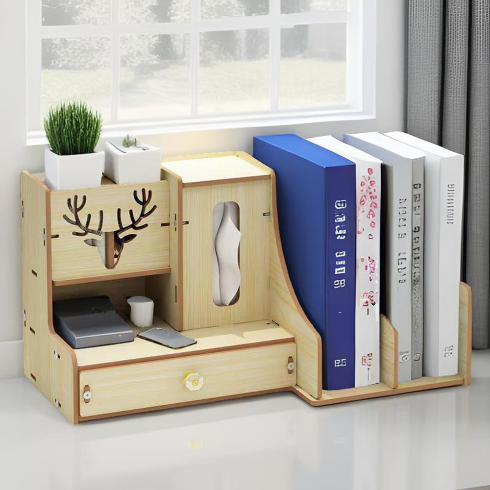 Hbluefat Desktop Organizer with Drawer, Wooden Desk File Document Organizer with Pen Holder and Tissue Box, Tabletop Stationery Storage Rack for Desk Accessories, File, Book, Office Supplies (Maple) image number 3
