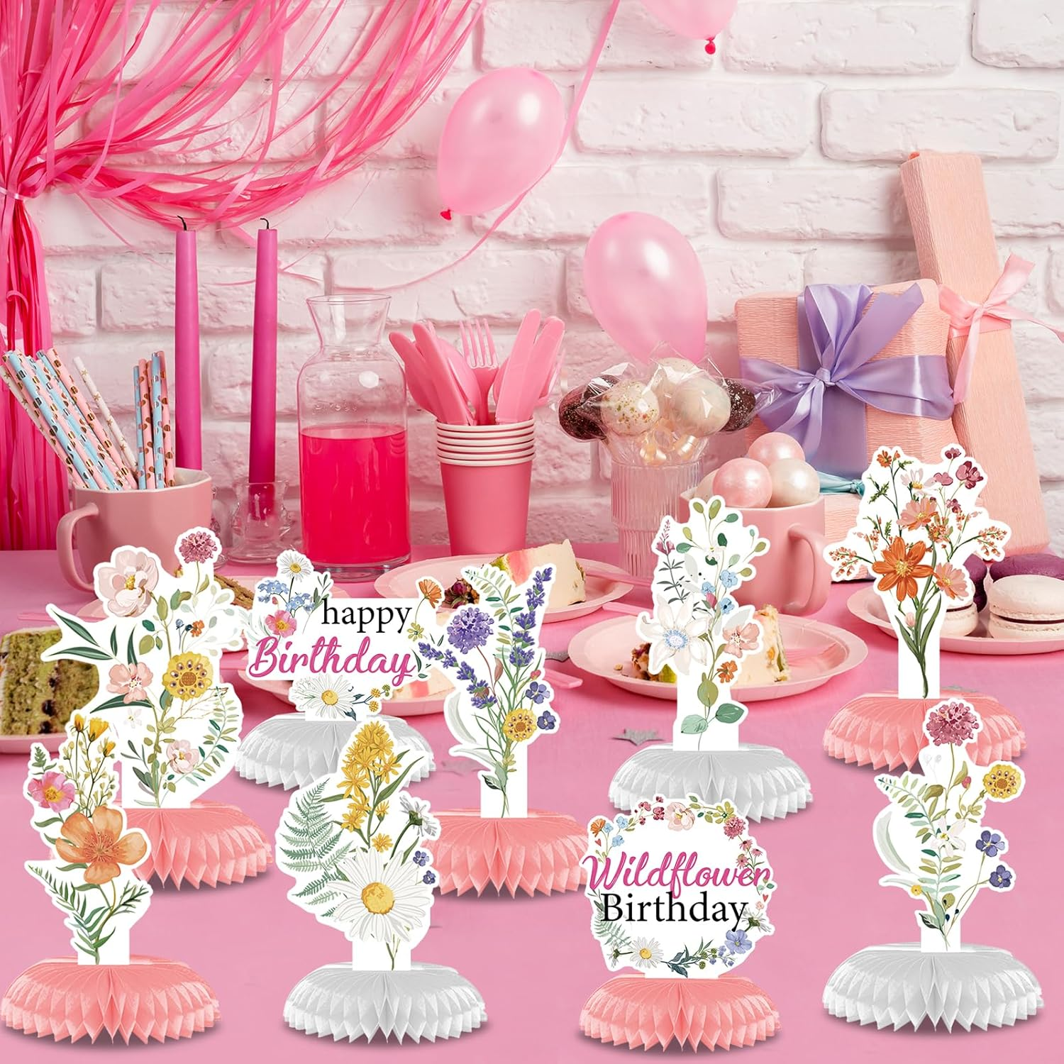 Flower Birthday Table Decorations - 9PCS Wildflower Birthday Party Decorations Spring Birthday Party Table Decor Supplies Floral Birthday Party Honeycomb Centerpiece Decorations for Girls Women
