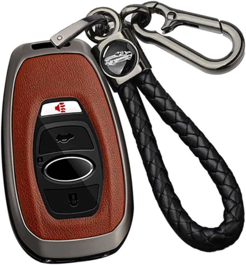 Ontto Alloy Car Key Fob Cover Fit for Subaru Forester Crosstrek Outback WRX Ascent BRZ Impreza Legacy Leather Smart Key Case Shell Key Holder Bag Keyring Keychain Protector Accessories Silver-Brown