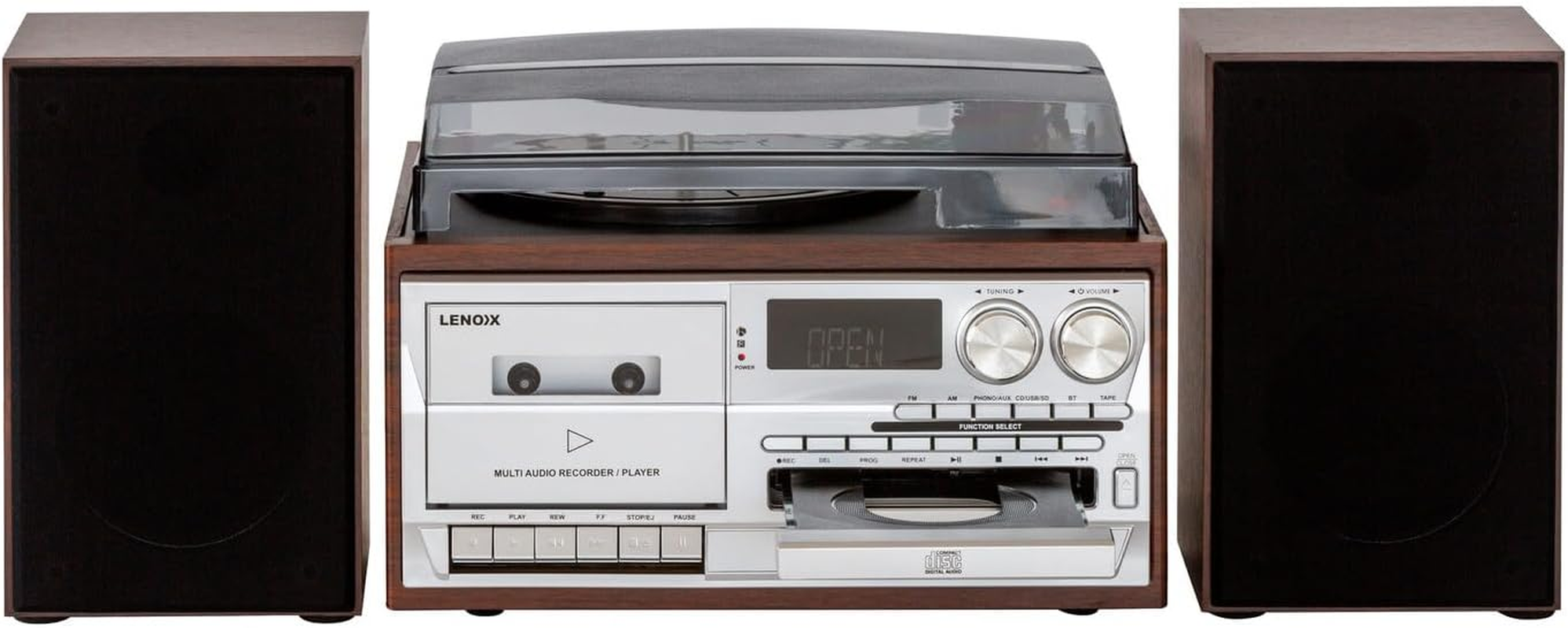 Lenoxx Home Entertainment System with Turntable, Cassette Player, USB Port, SD Slot, CD, and Wireless Technology 5.0, 3-Speed Turntable, AM/FM Radio, Wooden Speaker Boxes - Brown image number 3