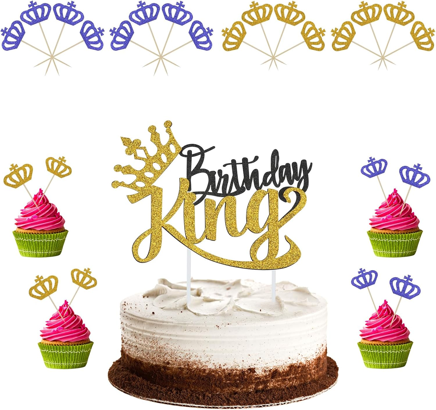 Birthday King Cake Topper,Glitter Blue Crown Cupcake Toppers Glitter for King Prince Theme Baby Shower Boys Birthday Party Prince Birthday Boy Cake Decorations （Gold and Blue） image number 1