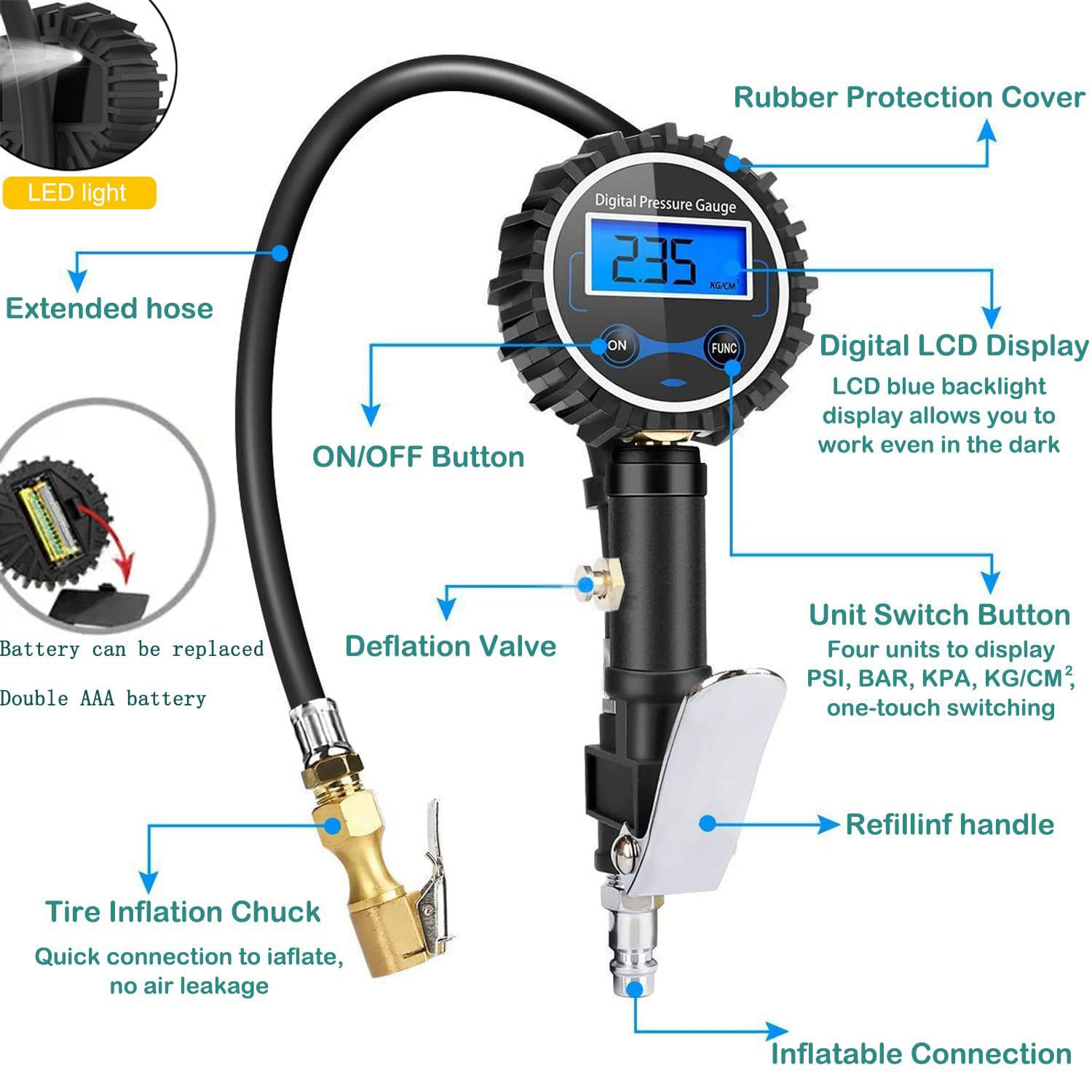 KEWAYO Digital Tire Inflator with Pressure Gauge, 200 PSI Heavy Duty Air Pressure Gauge with Rubber Hose Quick Connect Coupler and Compressor Accessories, for Car Truck Bicycle Motorcycle image number 1