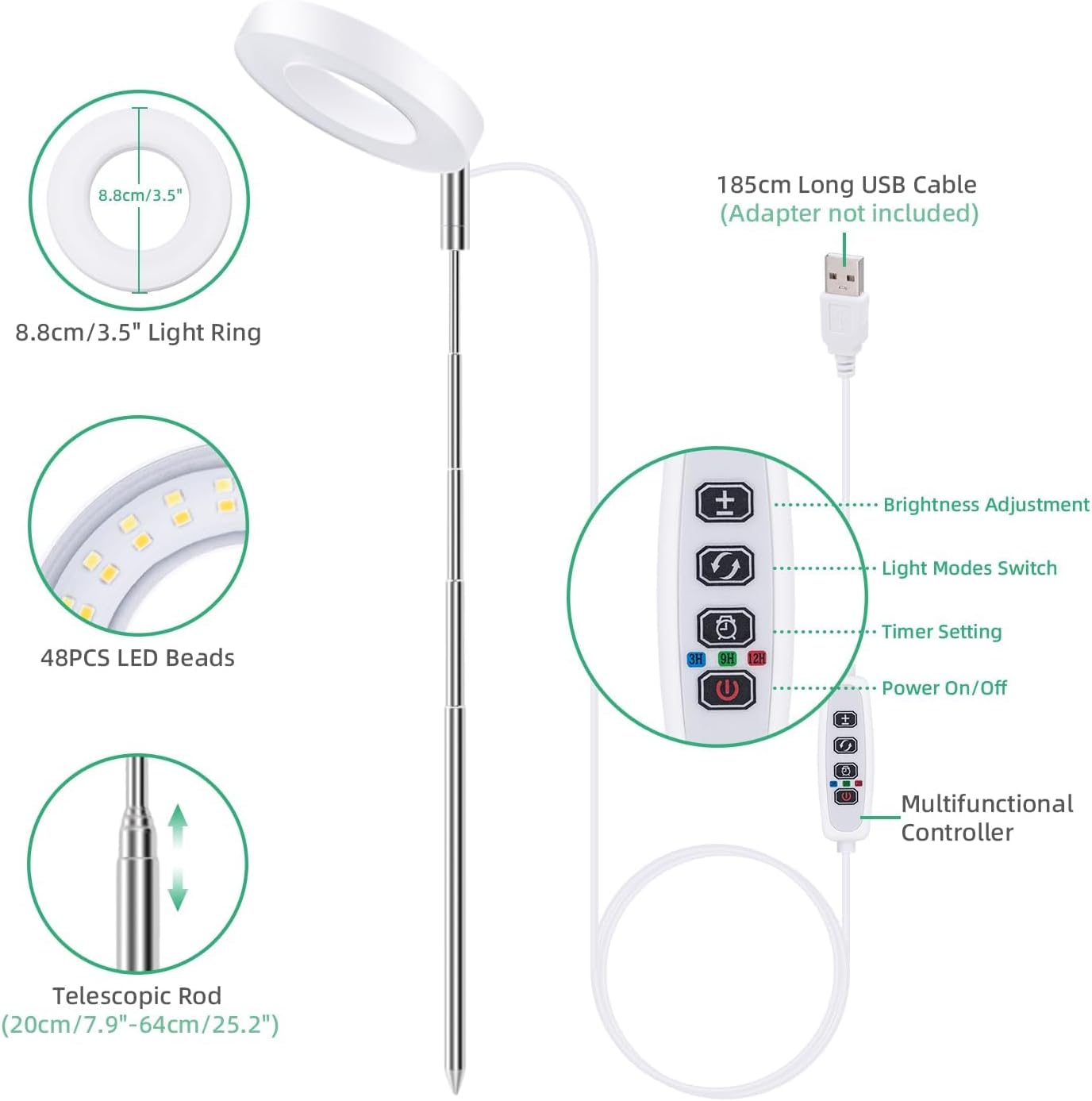 Plant Grow Light, 48 Leds Full Spectrum LED Plant Light for Indoor Plants, Height Adjustable, Auto On/Off Timer 3/9/12H Growing Lamp with 9 Dimmable Brightness (1 Pack)