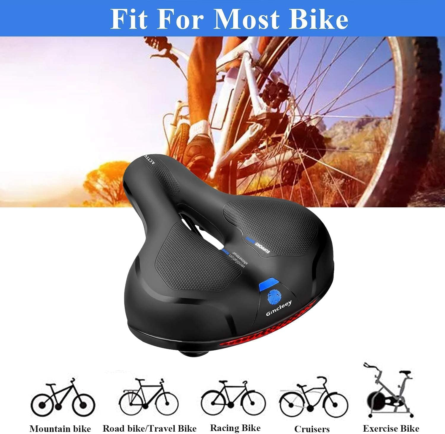 Comfort Bike Seat for Women Men,Wide Bicycle Saddle Replacement Memory Foam Padded Soft Bike Cushion with Dual Shock Absorbing Universal Fit for Indoor/Outdoor Bikes with Reflect image number 4