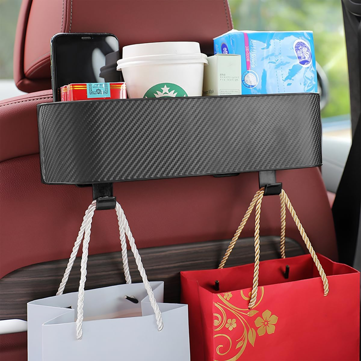 BELOMI Car Headrest Backseat Organizer with Cup Holder, Seat Back Hanging Storage Box with Hooks, Multi-Functional Drink Pocket Food Snack Phone Tray for Kids, Car Travel Accessories (Black) image number 4