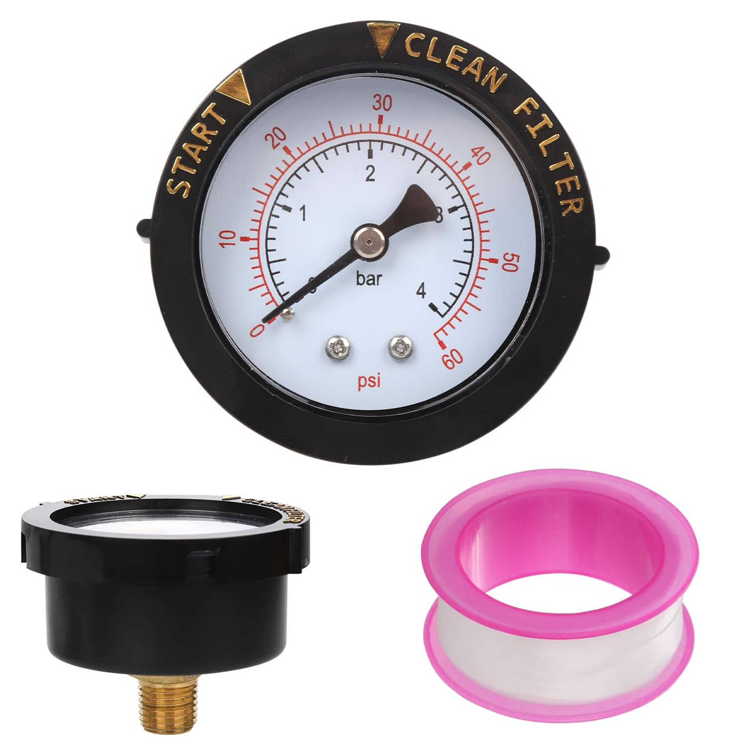 Pool Filter Pressure Gauge 0-60PSI with Sealing Tape, 1/4 NPT Back Mount Water Pressure Gauge Clean Filter Indicator for Swimming Pools Pumps Spa Aquarium Pressure Test